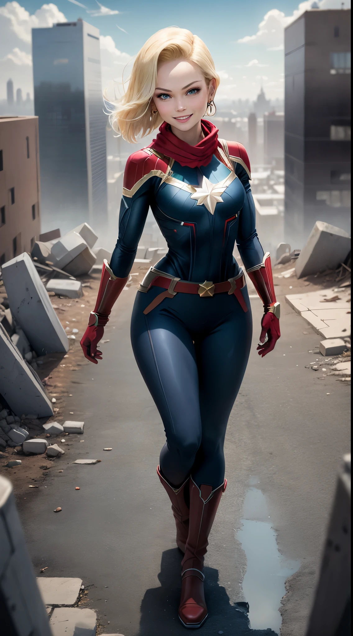 best quality, highres, and18, 1girl, android 18, solo girl, 1girl, blonde hair, blue eyes, captain marvel, belt, red boots, blue and red full length bodysuit, long pilot scarf, blue long sleeve shirt, earrings, red gloves, medium breasts, cowboy shot, city view, straight-on, (weather: windy), sexy smile, combat stance, battle ruins,