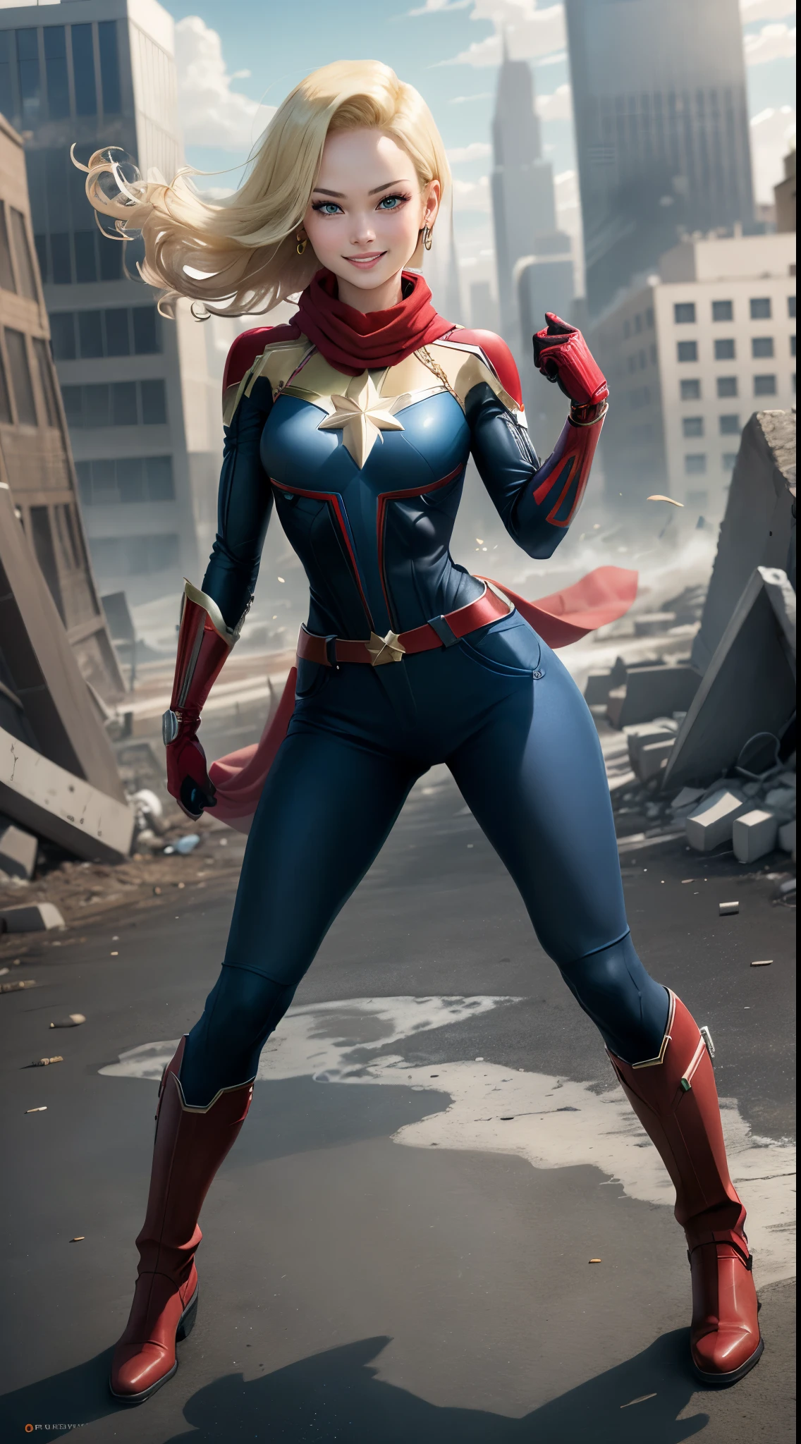 best quality, highres, and18, 1girl, android 18, solo girl, 1girl, blonde hair, blue eyes, captain marvel, belt, red boots, blue and red full length bodysuit, long pilot scarf, blue long sleeve shirt, earrings, red gloves, medium breasts, cowboy shot, city view, straight-on, (weather: windy), sexy smile, combat stance, battle ruins,