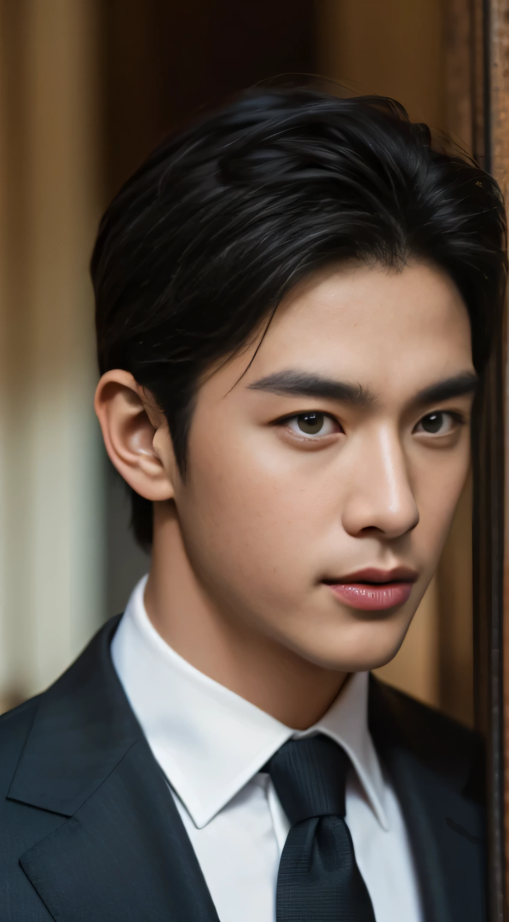 ((Men)), (head shot), (frontal face), (half body view), (Handsome muscular man in his 30s wearing black luxury suit with black necktie), zi wang (prince chiu), Mischievous smile, (detail: 1 in 1), Natural muscles, HIG quality, beautiful eyes, (Detailed face and eyes), (Face、: 1 / 2), Noise, Real Photographics, ... ...................................................................................................PSD, Sharp Focus, High resolution (8K), realistic & Professional Photography, 8K UHD, Soft lighting, High quality, Film grain, FujifilmXT3