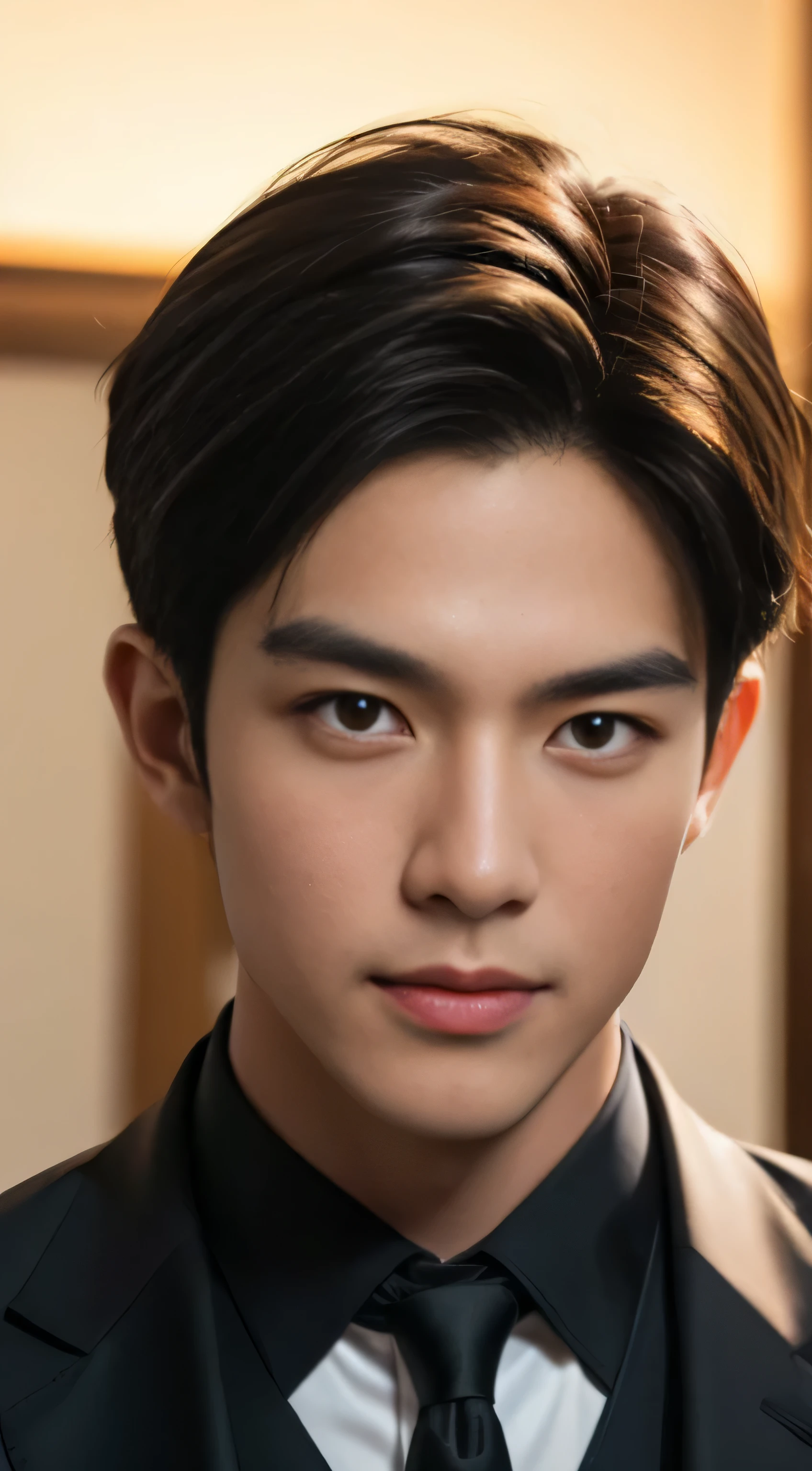 ((Men)), (head shot), (frontal face), (half body view), (Handsome muscular man in his 30s wearing black luxury suit with black necktie), zi wang (prince chiu), Mischievous smile, (detail: 1 in 1), Natural muscles, HIG quality, beautiful eyes, (Detailed face and eyes), (Face、: 1 / 2), Noise, Real Photographics, ... ...................................................................................................PSD, Sharp Focus, High resolution (8K), realistic & Professional Photography, 8K UHD, Soft lighting, High quality, Film grain, FujifilmXT3