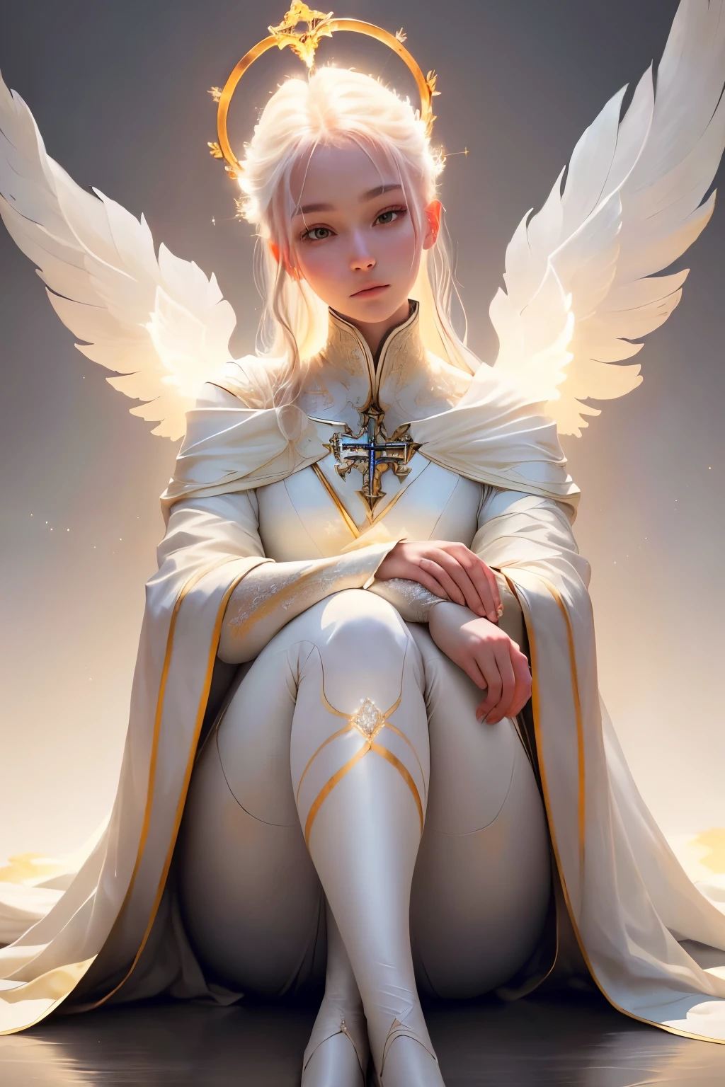 A person, clad in elegant garments, sits cross-legged with a nobleness that radiates from within. Their hands rest naturally on their knees. A halo of soft, glowing light illuminates the back of their head, casting an ethereal glow upon the otherwise plain, solid color background.