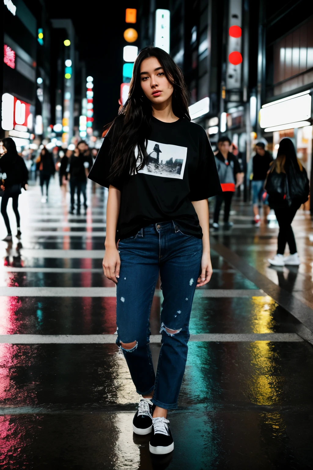 Cinematography debut, Highly realistic, RAW Camera, 21th years old female model photoshoot for oversized t-shirt product, black color tshirt, front view, black jeans, everything is detailed, very detailed, wide street background Tokyo, night, wet floor, night lights, Tokyo suburbs,streetwear catalog plain tshirt, perfect face , simetric and estetic((best quality)), ((masterpiece)), (detailed), perfect face