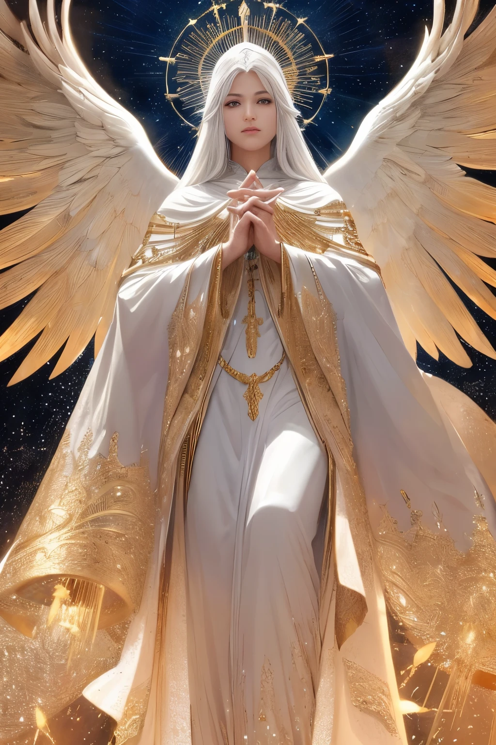 Archangel Gabriel, radiant being of heavenly light, clad in immaculate white robes, his hair cascading down in long, golden strands that shimmer with ethereal brilliance, gaze fixed intently on the heavens above, his piercing golden eyes reflecting the divine wisdom of ages past, delivering God's messages to mankind, a celestial masterpiece, captured in intricate detail, a 8k high definition, HDR image, every fiber of his ethereal wings, and every facet of his chiseled features, exquisitely rendered, a testament to the best quality and finest craftsmanship.