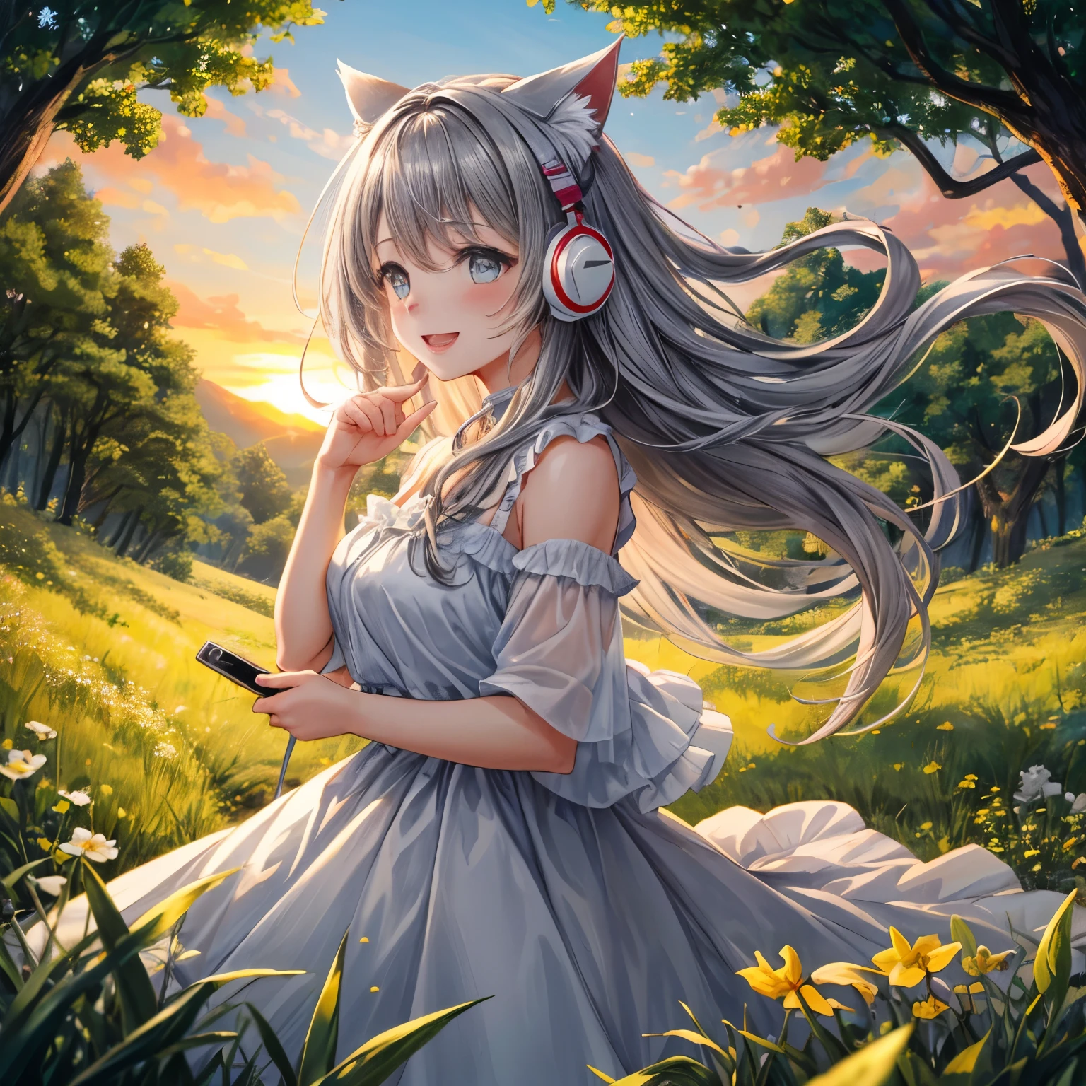 masterpiece, highest quality, movie stills, 1 girl, Cloud Girl, floating in the sky, close, bright, Happy, warm and soft lighting, sunset, (spark:0.7)、cat ears、headphone、gray hair、17 year old girl、cute、Glamour、good style、laughter、Plump、Good style、grassland、in the forest、Mature、
