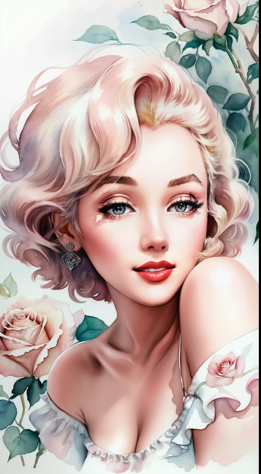 close up photo of Marilyn Monroe, off shoulder , watrcolor style, (rose) digital art, black background, among the roses, official art, blown by the wind, masterpiece, beautiful, ((watercolor)), paint splatter, intricate detail. Great detail, [dripping:0.7], Trending on Artstation, Rachel Walker