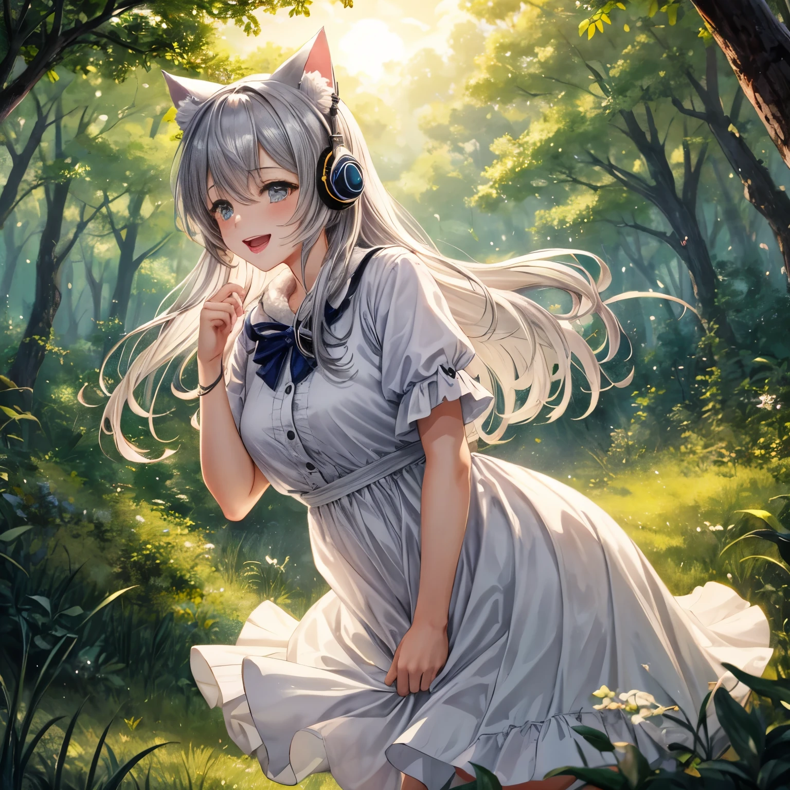 masterpiece, highest quality, movie stills, 1 girl, Cloud Girl, floating in the sky, close, bright, Happy, warm and soft lighting, sunset, (spark:0.7)、cat ears、headphone、gray hair、17 year old girl、cute、Glamour、good style、laughter、Plump、Good style、grassland、in the forest、Mature、