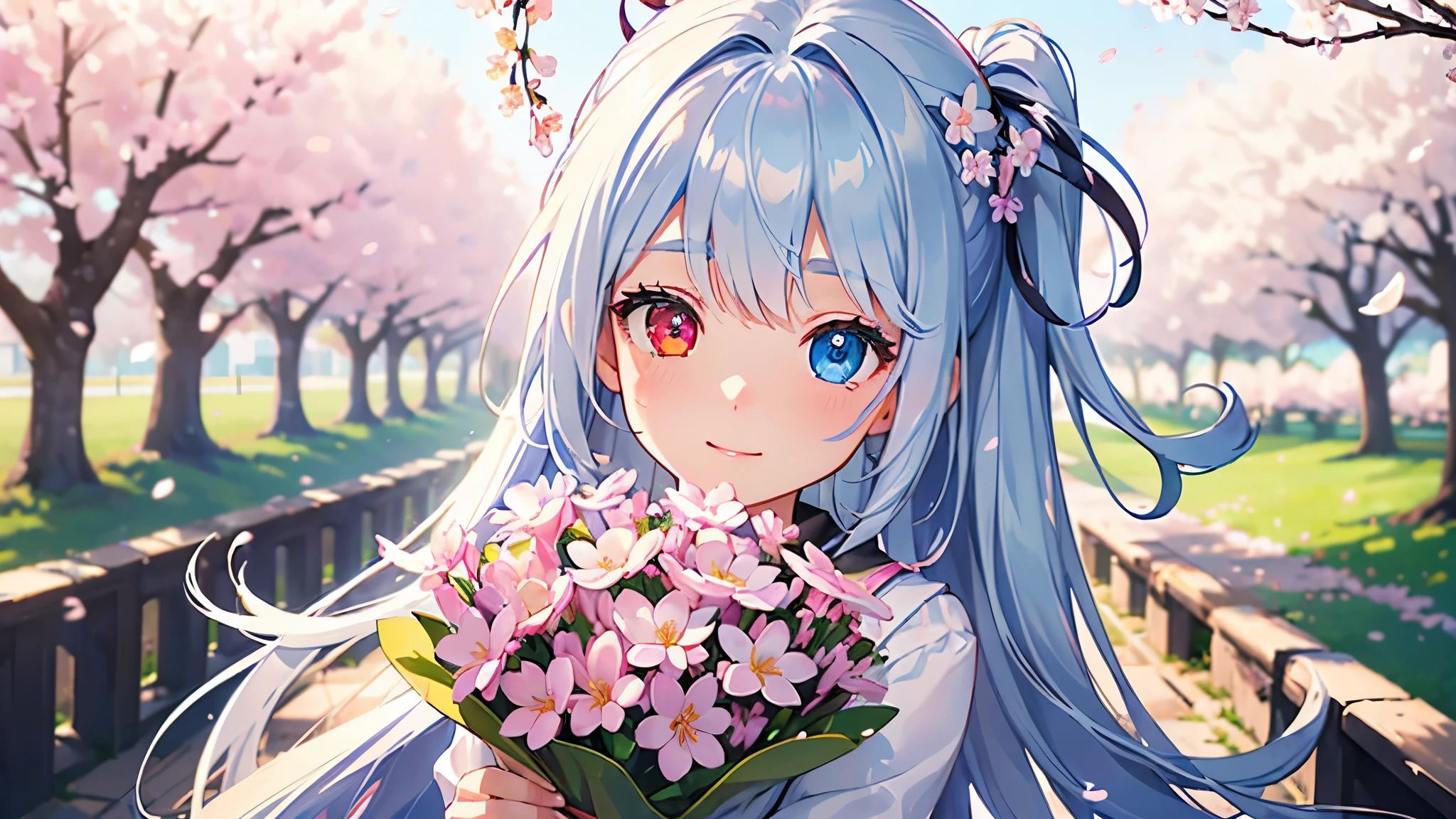 Best quality、photorealistic、super detail、delicate、orderly、high detail、bluish silver ponytail、(droopy iris of heterochromia,glowing eyes:1.4)、、10 years old、big smile、slender、full body、blurred background、(1 girl:1.2)、dynamic angle、game CG、(A girl holding a bouquet of flowers for graduation while wearing a school uniform on a spring day when cherry blossoms bloom:1.3),ambient occlusion、ambient light、raytracing reflections、glow、shining hair、