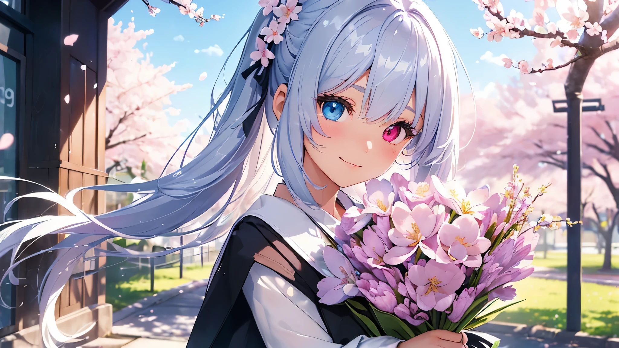 Best quality、photorealistic、super detail、delicate、orderly、high detail、bluish silver ponytail、(droopy iris of heterochromia,glowing eyes:1.4)、、、big smile、slender、full body、blurred background、(1 girl:1.2)、dynamic angle、game CG、(A girl holding a bouquet of flowers for graduation while wearing a school uniform on a spring day when cherry blossoms bloom:1.3),ambient occlusion、ambient light、raytracing reflections、glow、shining hair、