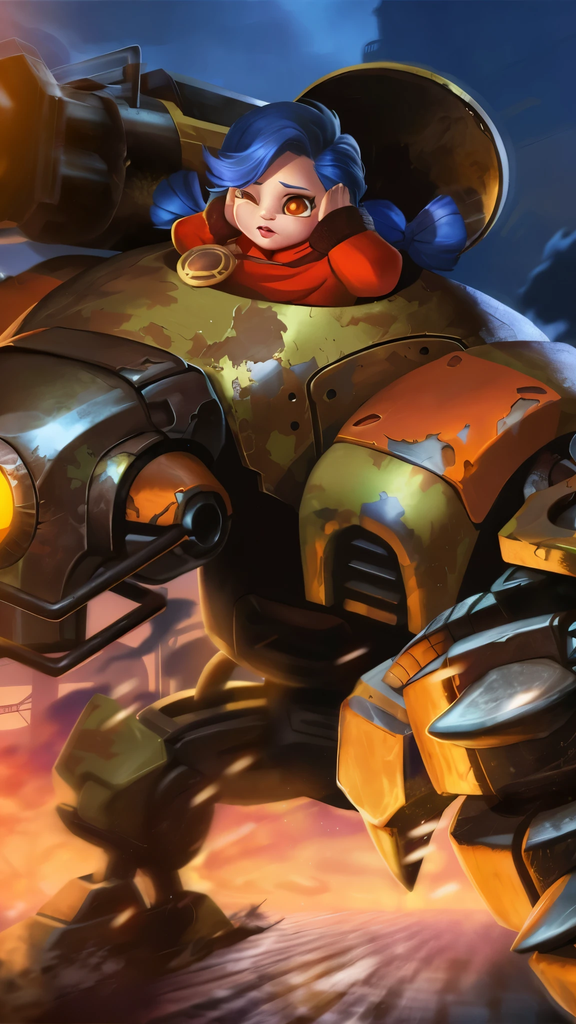 there is a woman riding a giant robot with a light on, orianna, teemo, bastion game, bastion, bastion from overwatch, inspired by Jules Chéret, league of legends style art, teemo from league of legends, battle chasers, g liulian art style, piltover, official splash art, league of legends art style, a close up of a woman wearing a red hood like a ruby ​​wearing a patch over one eye, shadowbringers cinematic, 4 k detail fantasy, a beautiful fantasy empress, game cg, xianxia fantasy, xianxia hero, 2. 5 d cgi anime fantasy artwork, cinematic goddess close shot, ruan jia and artgerm, wow 4 k detail fantasy, hyperdetailed fantasy character.