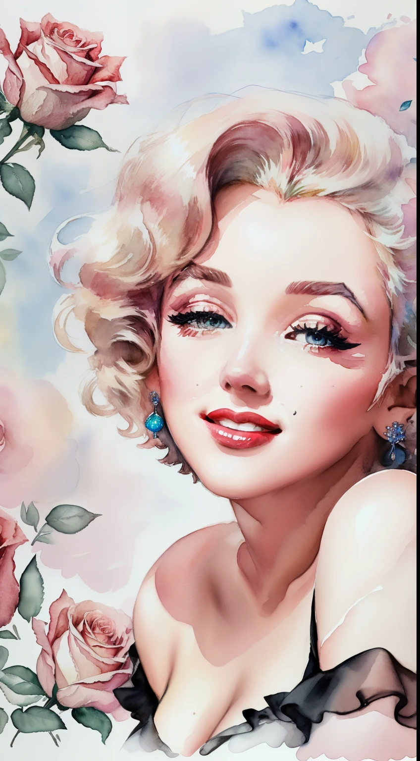 close up photo of Marilyn Monroe, off shoulder , watrcolor style, (rose) digital art, black background, among the roses, official art, blown by the wind, masterpiece, beautiful, ((watercolor)), paint splatter, intricate detail. Great detail, [dripping:0.7], Trending on Artstation, Rachel Walker