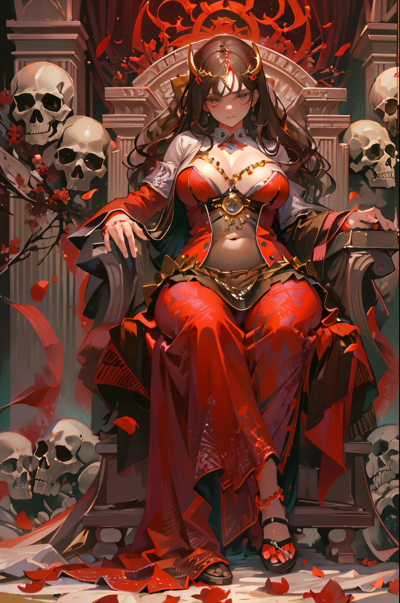 ((Best quality)), ((Masterpiece)), (detailed), perfect face, Realistic. bottom view,view from afar,full body, reclining ,confident pose,arrogant posture, looks down at the viewer,one, one woman sits on a throne of skulls, leg on leg.bright red long hair, Curly, detailed face, black eyes are very expressive. (Unbuttoned erotic red shirt, long tight skirt, swastika chest badge). large saggy breasts, wide hips, plump belly. Throne of bones and skulls, detailed with jewels , despises the observer