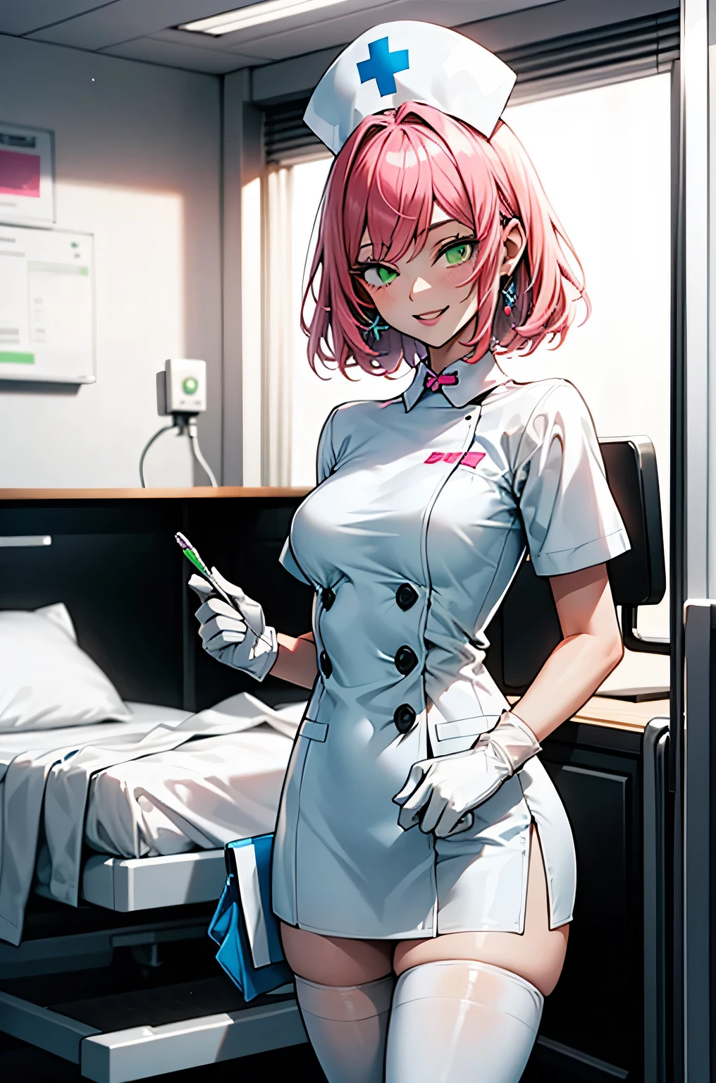 1 female, alone, nurse, nurse cap, Whiteware, ((white legwear, zettai ryouiki)), white gloves, pink hair, green eyes, droopy eyes, pink lips, smile, Are standing, ((hospital room)), sharp outline, short sleeve, mature woman, 32 years old, highest quality, masterpiece