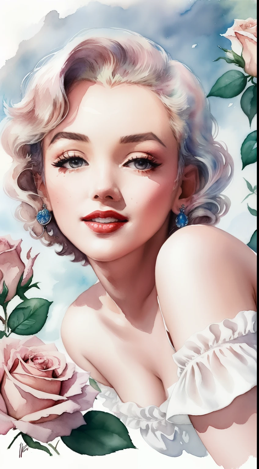 close up photo of Marilyn Monroe, off shoulder , watrcolor style, (rose) digital art, black background, among the roses, official art, blown by the wind, masterpiece, beautiful, ((watercolor)), paint splatter, intricate detail. Great detail, [dripping:0.7], Trending on Artstation, Rachel Walker