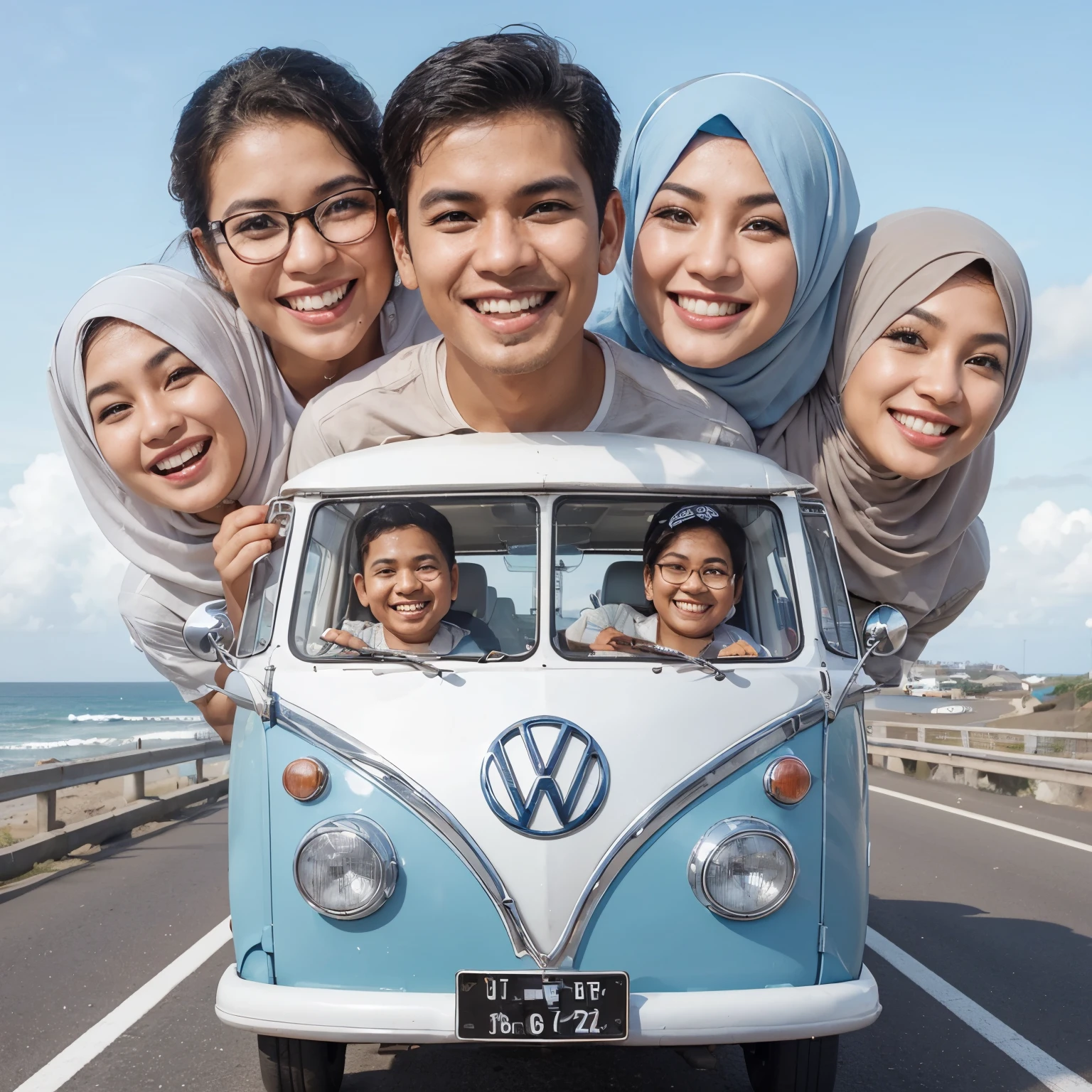 realistic caricatures, 3 Indonesian men, clean faces and short hair, without glasses. three Indonesian women wearing hijabs, riding in a classic light blue and white VW minibus, three men in front and three women behind them, cheerful faces, smiling thin, they stick their heads out of the minibus window, background of the highway next to the beach, there are a few clouds in the sky, ultra wide view