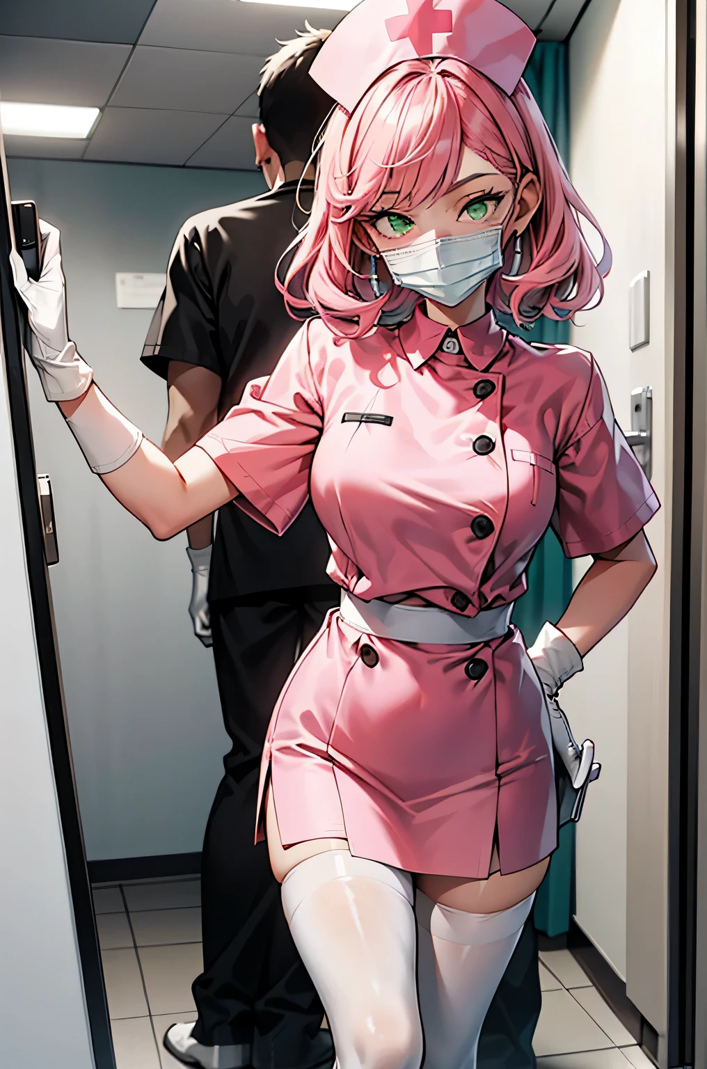 1 girl, alone, nurse, nurse cap, white clothes, ((white legwear, zettai ryouiki)), white gloves, pink hair, green eyes, droopy eyes, ((white surgical mask, covered nose)), Are standing, ((hospital room)), sharp outline, short sleeve, highest quality, masterpiece
