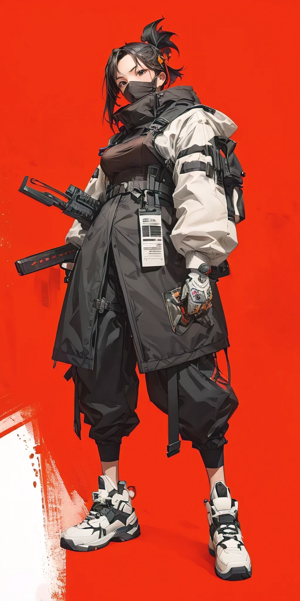 A girl in a character concept art with a mixed Japan Ronin outfit and modern techwear aesthetic. (best quality, 4k, 8k, highres, masterpiece:1.2), ultra-detailed, (realistic, photorealistic, photo-realistic:1.37), Japanese Ronin clothing, futuristic techwear, detailed facial features, dynamic poses, intense expression, katana, cyberpunk background, neon lights, moody atmosphere, Riot Games art style, vibrant colors, stylized rendering, intricate details, professional artwork, traditional elements, modern twist.