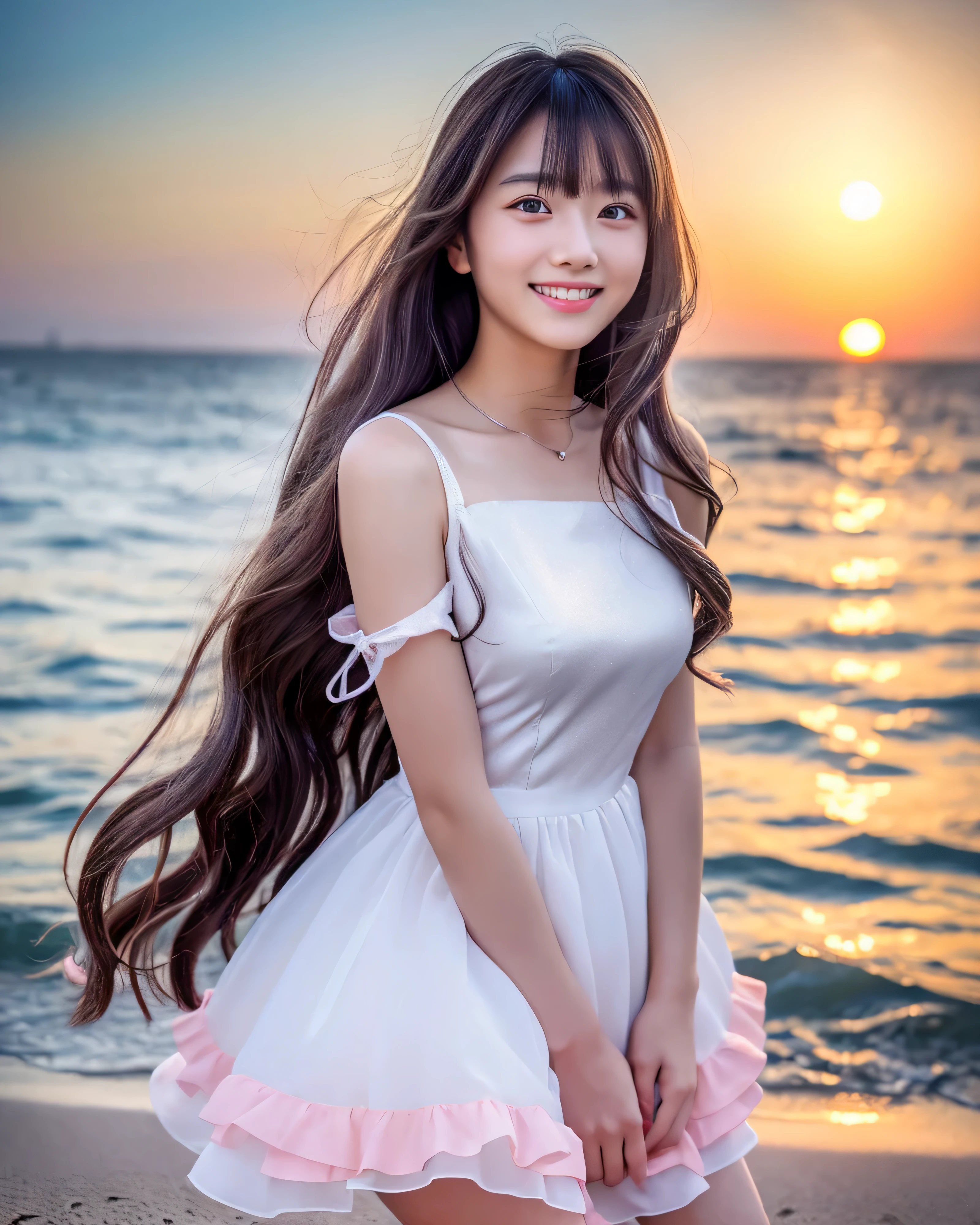 beautiful japanese girl, , complex colored silver hair, long wavy hair, asymmetrical bangs, magic big eyes, Finely moisturized eyes, Smile, smooth soft skin, pale pink lips, Seaside at sunset, Beautiful transparent sea, Ankle-deep in the sea, White Princess Dresses, raise the hem of the skirt, beautiful high resolution breasts, professional lighting, professional photographer