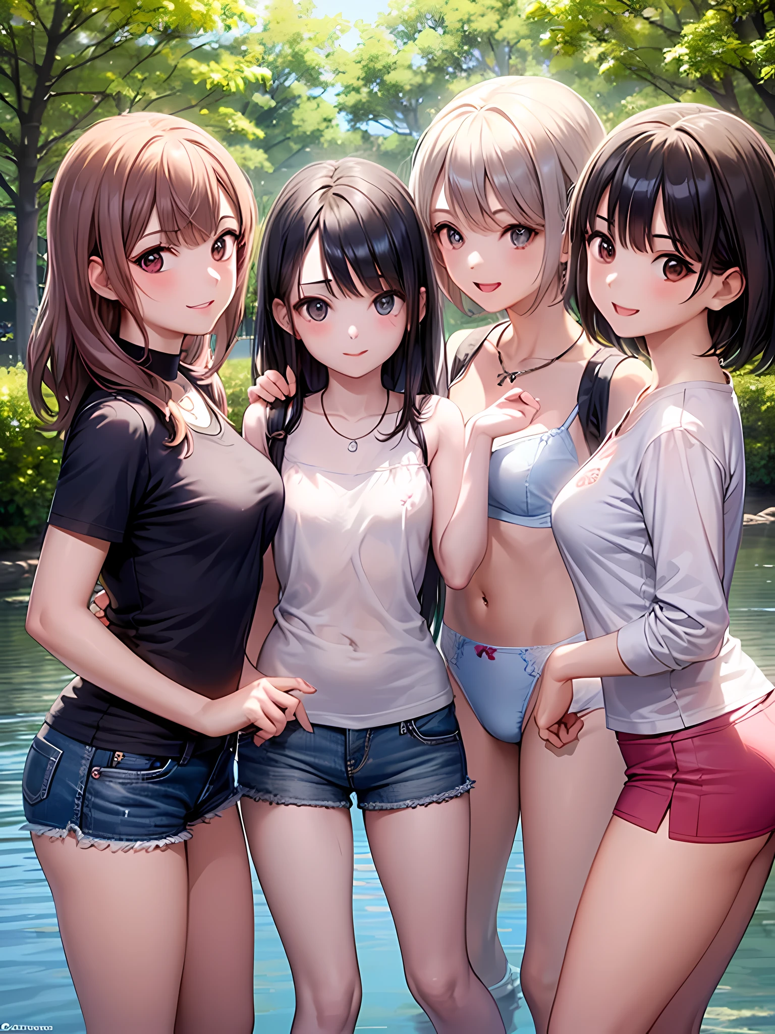 ((highest quality)), ((masterpiece)), (Cute baby girl), (3 girls:1.8), cute three girls are posing for a camera outdoors in the water, shirtをつかむ, Stand in line, (Close-up shot from the knee:1.3), perfect face, smile, (open your mouth and smile:1.3), embarrassed look, (precise fingers:1.3), hair band, head band, hair bobble, blouse, shirt, I can see your underwear, (pastel colored underwear), high resolution eyes, accurate eyes, (high resolution eyes:1.8), (High definition finger 1.8), light smile, small chest, chest, realistic, 4-year-old, 5 years old, 6 years old, 7 years old, knee socks, short skirt, Asian, Westerners, silver hair, brown hair, blonde, belly button, jewelry, looking at the viewer, necklace, water, , Wet, long hair, short hair, abs,