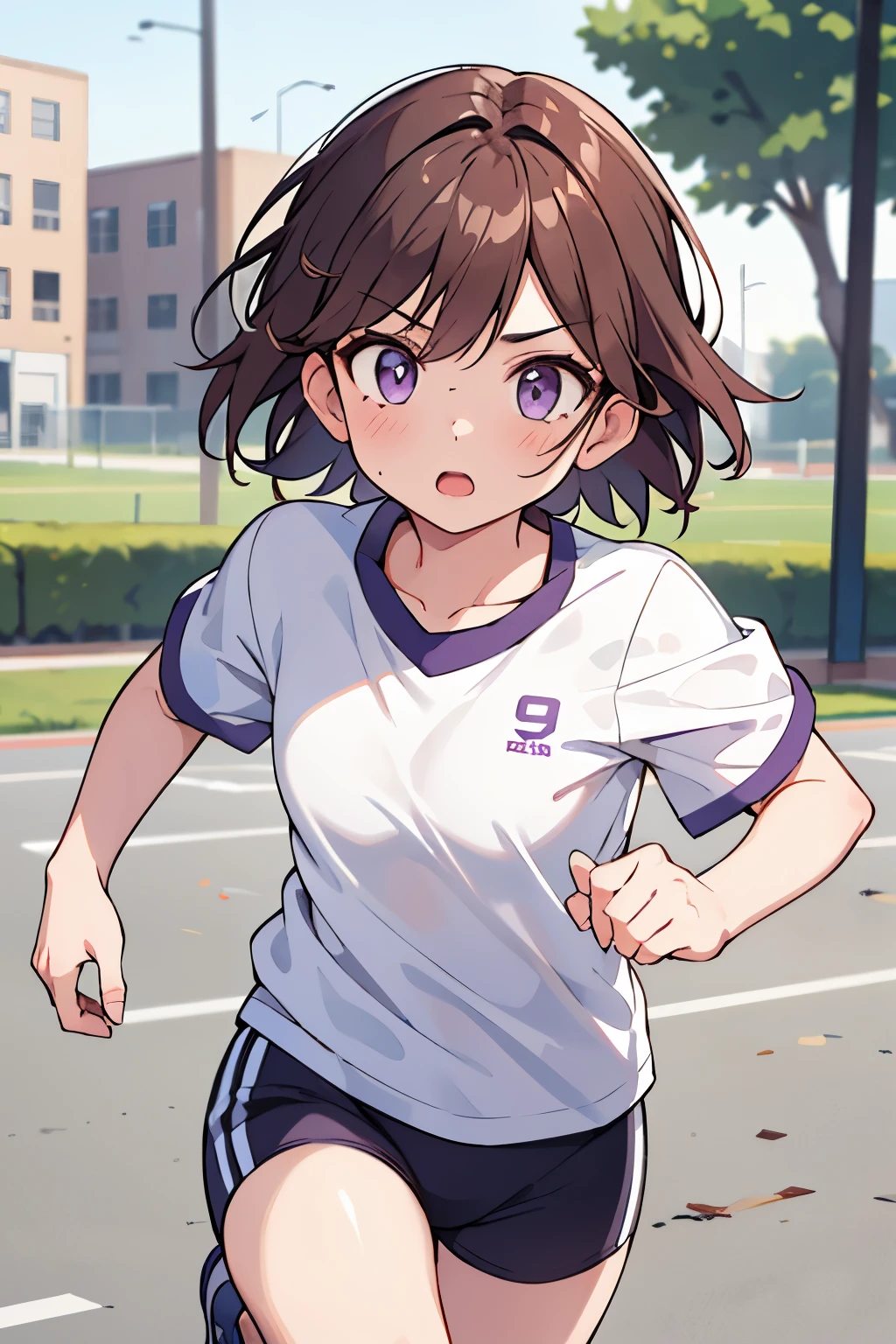 1 girl , short brown hair ,light purple eyes, running,white baseball shirt , jogging in the schoolyard , Powerful running,8K texture , super resolution , looking at the viewer
