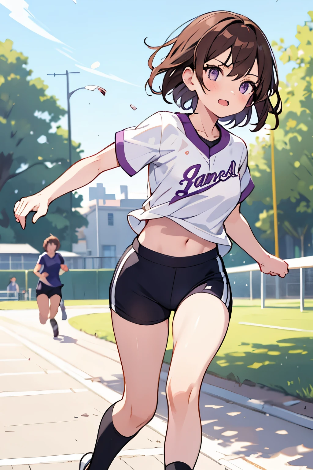 1 girl , short brown hair ,light purple eyes, running,white baseball shirt , jogging in the schoolyard , Powerful running,8K texture , super resolution , looking at the viewer
