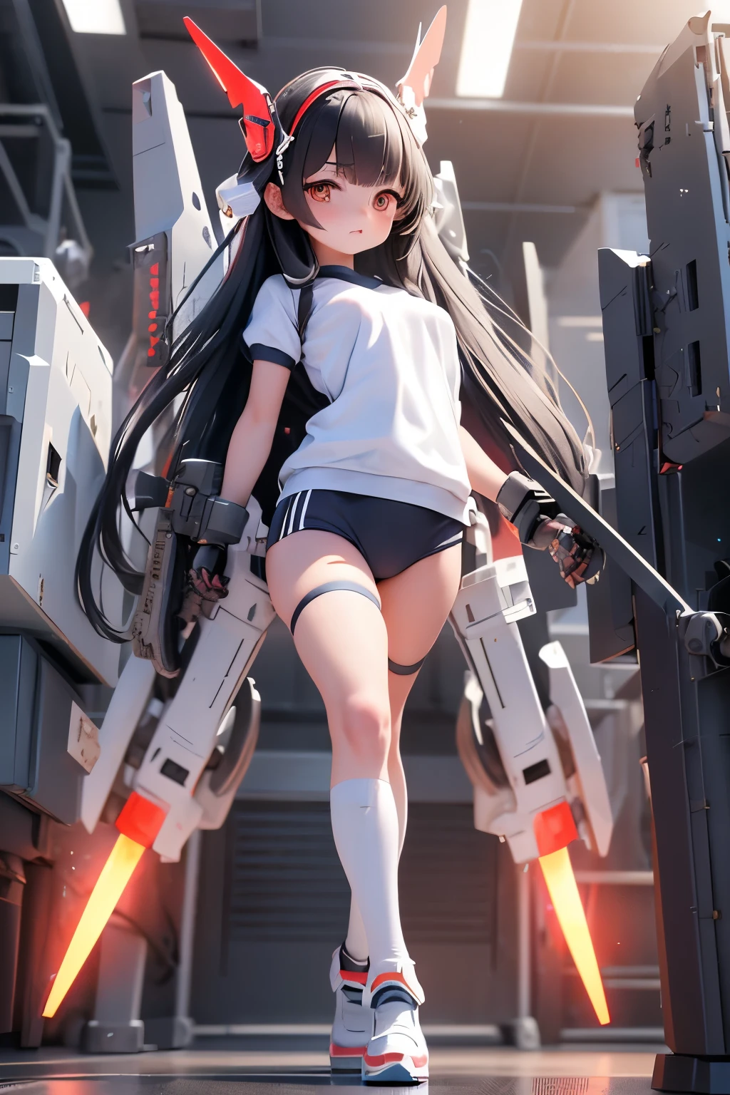 (highest quality)), ((masterpiece)), (very detailed: 1.3), 3D, {(1 young girl)}, (wear navy buruma and white gym uniform with colored hem under armor:1.2), (black hair:1.5), wears a futuristic Gundam mecha,(heavy armored Gundam), with headgear, with v-fin , armored shoulders,armored under arms, armored under legs, short sleeve, attached 2 huge weapons on back, legs mounted weapon module, multilayer textureperfect proportions, octane rendering, duotone lighting, Low ISO, wide aperture, White balance, Rule of thirds, ultra HD16k, HDR (High Dynamic Range), Ray Tracing, NVIDIA RTX, Super Resolution, Subsurface Scattering, PBR Texturing, Post Processing, Anisotropic Filtering, Depth of Field, Maximum Clarity and Clarity, High efficiency subpixel, subpixel convolution, particles of light, light scattered, Tyndall effect, full body:1.5, battle pose, cute, (cute:1.2), (long hair:1.3),太い眉毛, 薄い色の虹彩, 大きくて輝いている黒い瞳, 長いまつげ, 小さく薄い色の自然な唇, (Average face of Japanese idols), (日本人特有の童顔:1.3), (baby face), 広いおでこ:1.2, ふっくらした頬, 小さな顎, in the hangar,looking at viewer,Focus on the eyes