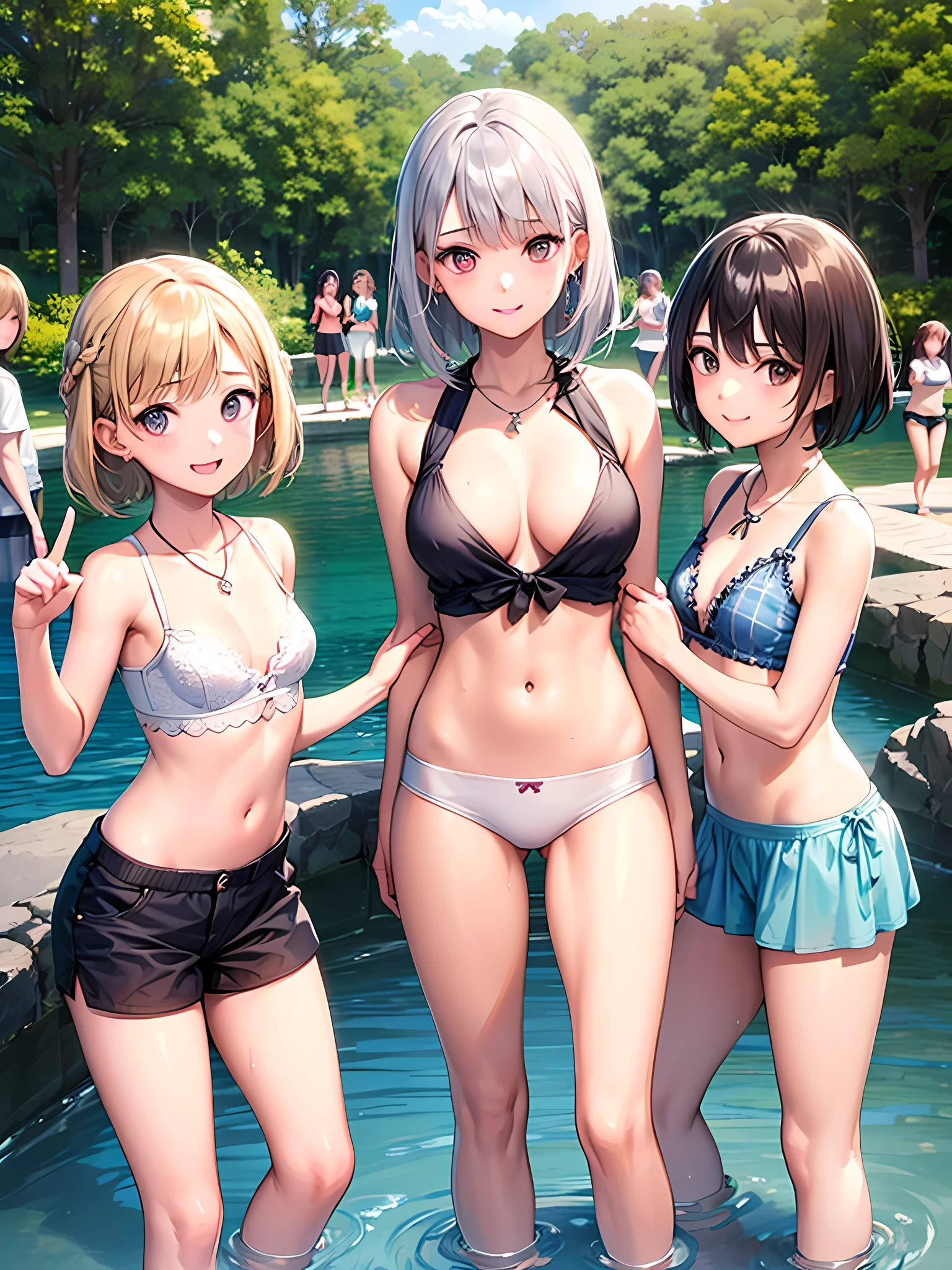 ((highest quality)), ((masterpiece)), (), (3 girls:1.8), cute three girls are posing for a camera outdoors in the water, shirtをつかむ, Stand in line, (Close-up shot from the knee:1.3), perfect face, smile, (open your mouth and smile:1.3), embarrassed look, (precise fingers:1.3), hair band, head band, hair bobble, blouse, shirt, I can see your underwear, (pastel colored underwear), high resolution eyes, accurate eyes, (high resolution eyes:1.8), (High definition finger 1.8), light smile, small chest, chest, realistic, 4-year-old, 5 yeold, ears ols old, knee s short skirt, Asian, Westerners, silver hair, brown hair, blonde, belly button, jewelry, looking at the viewer, necklace, water, , Wet, long hair, short hair, abs,