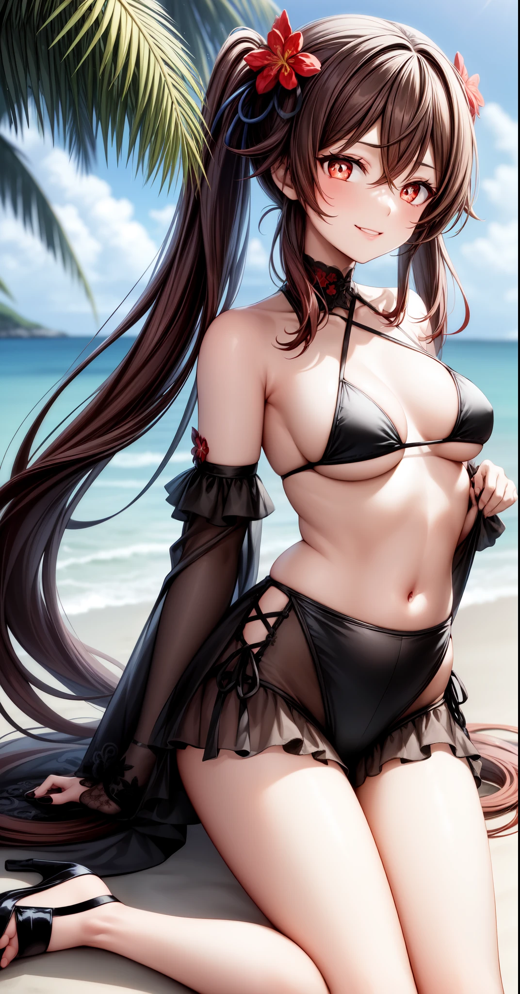 anime, beautiful face, highly detailed face, (2 accurate legs:1.0), red detailed eyes, flower pupils, highly detailed beach background, perfect lighting, best lighting, hair ornament, 1girl, solo, hu tao, genshin impact, outdoors, on the beach, (beautiful brown hair:1.2), absurdres, high res, ultrasharp, 8K, masterpiece, looking at viewer, loving smile, BREAK (detailed sexy beach bikini:1.4), (intricate all lace:1.2), (beautiful black heels:1.2), (full body:1.1), (hands behind back:1.2), (spreading legs:1.2)
