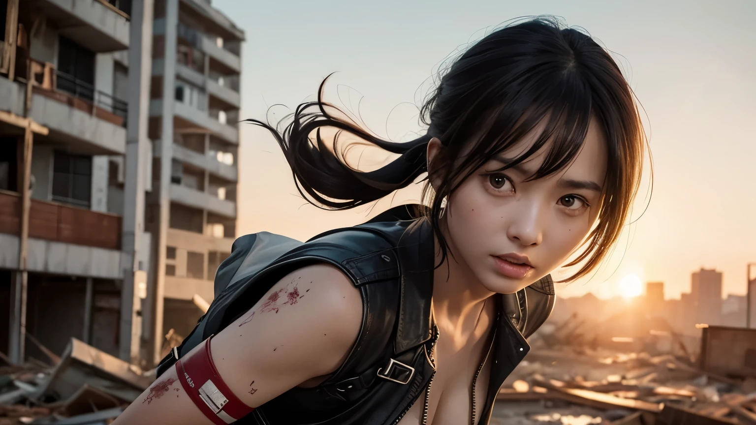 young woman is fighting zombies in a destroyed city