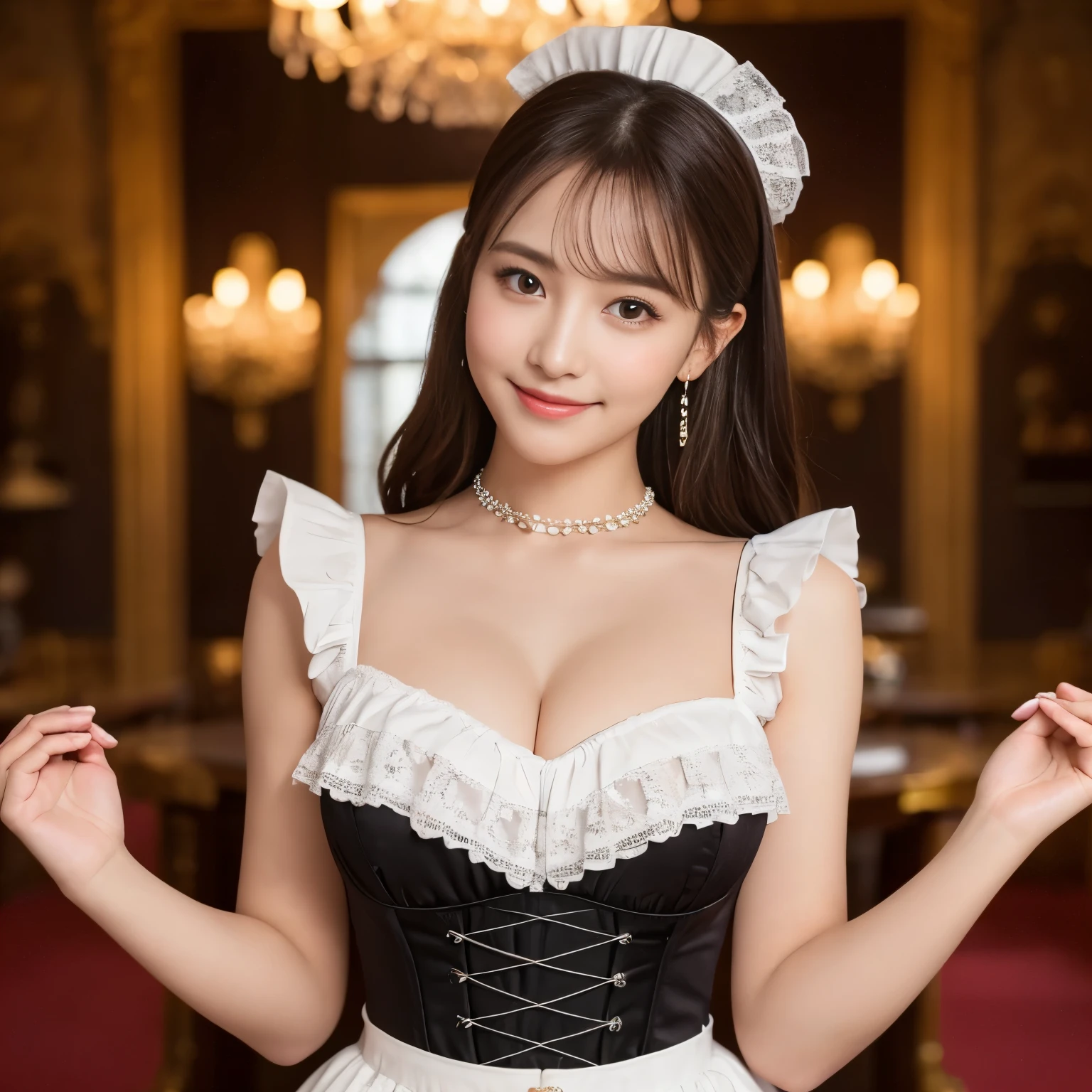 (highest quality、table top、8k、best image quality、Award-winning work)、one beautiful woman、radiant beautiful skin、gorgeous victorian maid dress、Maid uniform with apron、Maid clothes with frills、Huge black and white maid dress、Maid outfit with luxurious long skirt、Shining ultra-high definition skin、(accurate anatomy:1.1)、A gentle smile looking at me、(photo from the waist up:1.1)、cleavage、(standing elegantly:1.1)、(Blurred background of classic mansion:1.2)、portrait photography、(Very moody and romantic warm lighting:1.1)、光を受けてradiant beautiful skin、(the most detailed and perfect face:1.1)、(most detailed glowing eyes:1.1)、(beautiful and moisturized skin:1.1)、smile looking at me