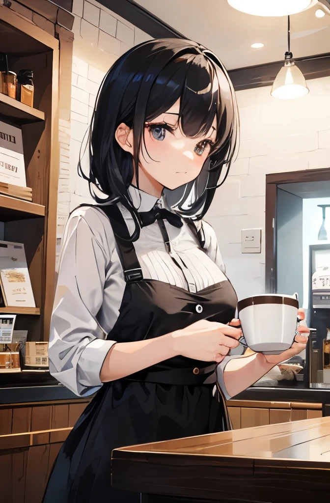 best quality, 8K,waitress,medium breasts,black hair、middle hair、coffee shop、coffee shopの店員,black eyes、bistro