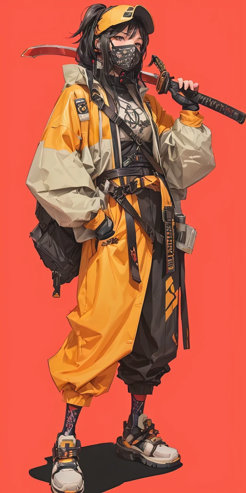 A girl in a character concept art with a mixed Japan Ronin outfit and modern techwear aesthetic. (best quality, 4k, 8k, highres, masterpiece:1.2), ultra-detailed, (realistic, photorealistic, photo-realistic:1.37), Japanese Ronin clothing, futuristic techwear, detailed facial features, dynamic poses, intense expression, katana, cyberpunk background, neon lights, moody atmosphere, Riot Games art style, vibrant colors, stylized rendering, intricate details, professional artwork, traditional elements, modern twist.