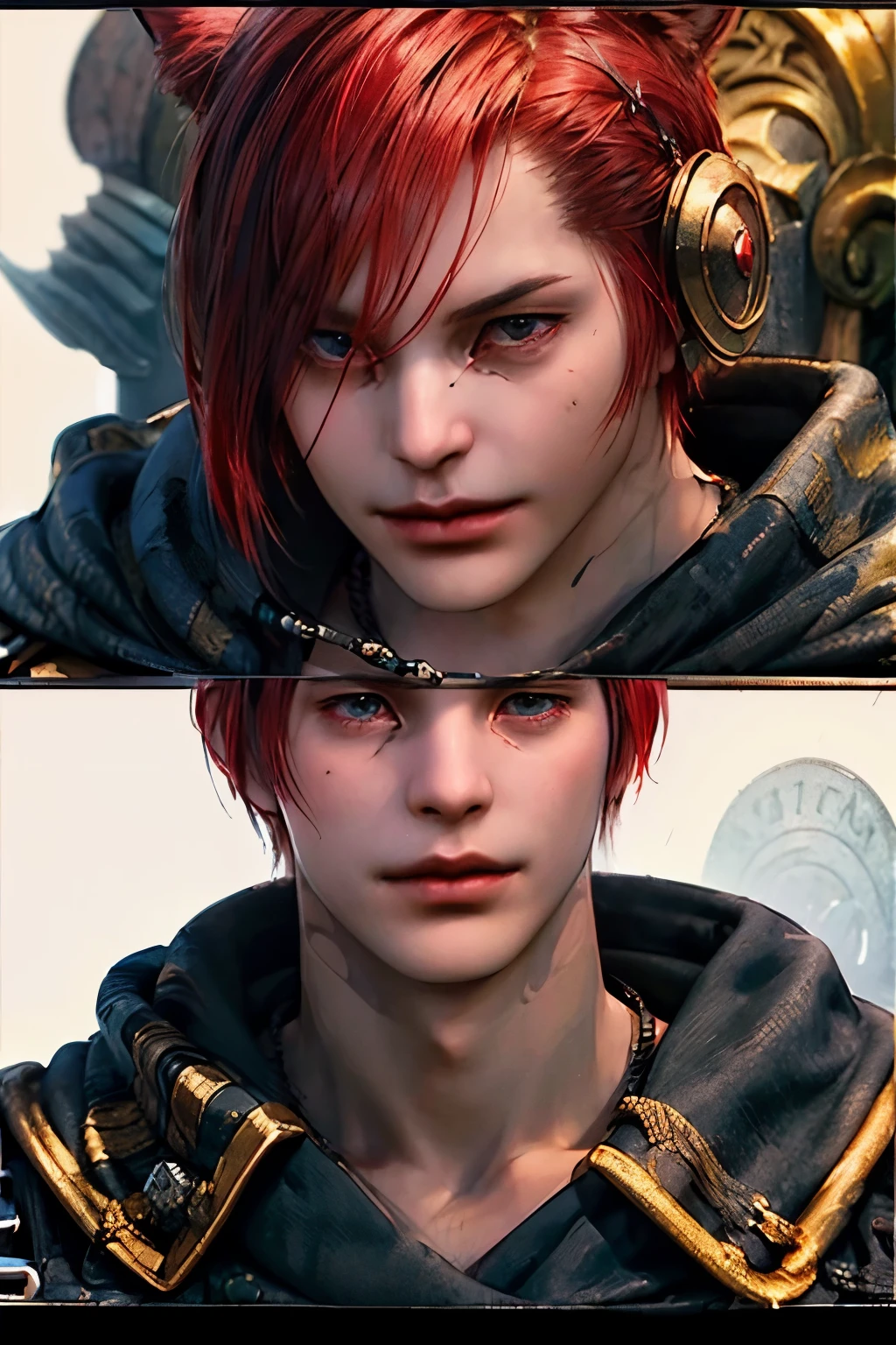 There&#39;s a man with red hair and a devil&#39;s head, evil devious male, Close-up portrait of magician, Trading on Pixiv, final fantasy 14 style, final fantasy 1 4 screenshot, final fantasy 14 sharp, final fantasy 1 4, Finn Wildcloak portrait, Portrait of a red magician, evil evil expression