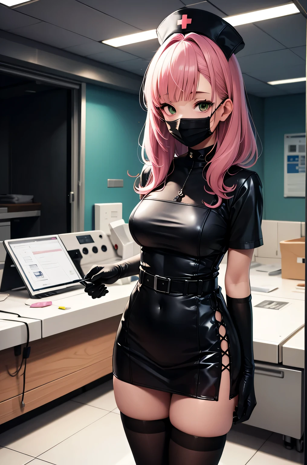 black nurse, 1 female, alone, black nurse cap, Blackware, ((black legwear, zettai ryouiki)), black elbow gloves, pink hair, green eyes, droopy eyes, ((black surgical mask, covered nose)), Are standing, ((operating room)), sharp outline, short sleeve, mature woman, 32 years old, highest quality, masterpiece