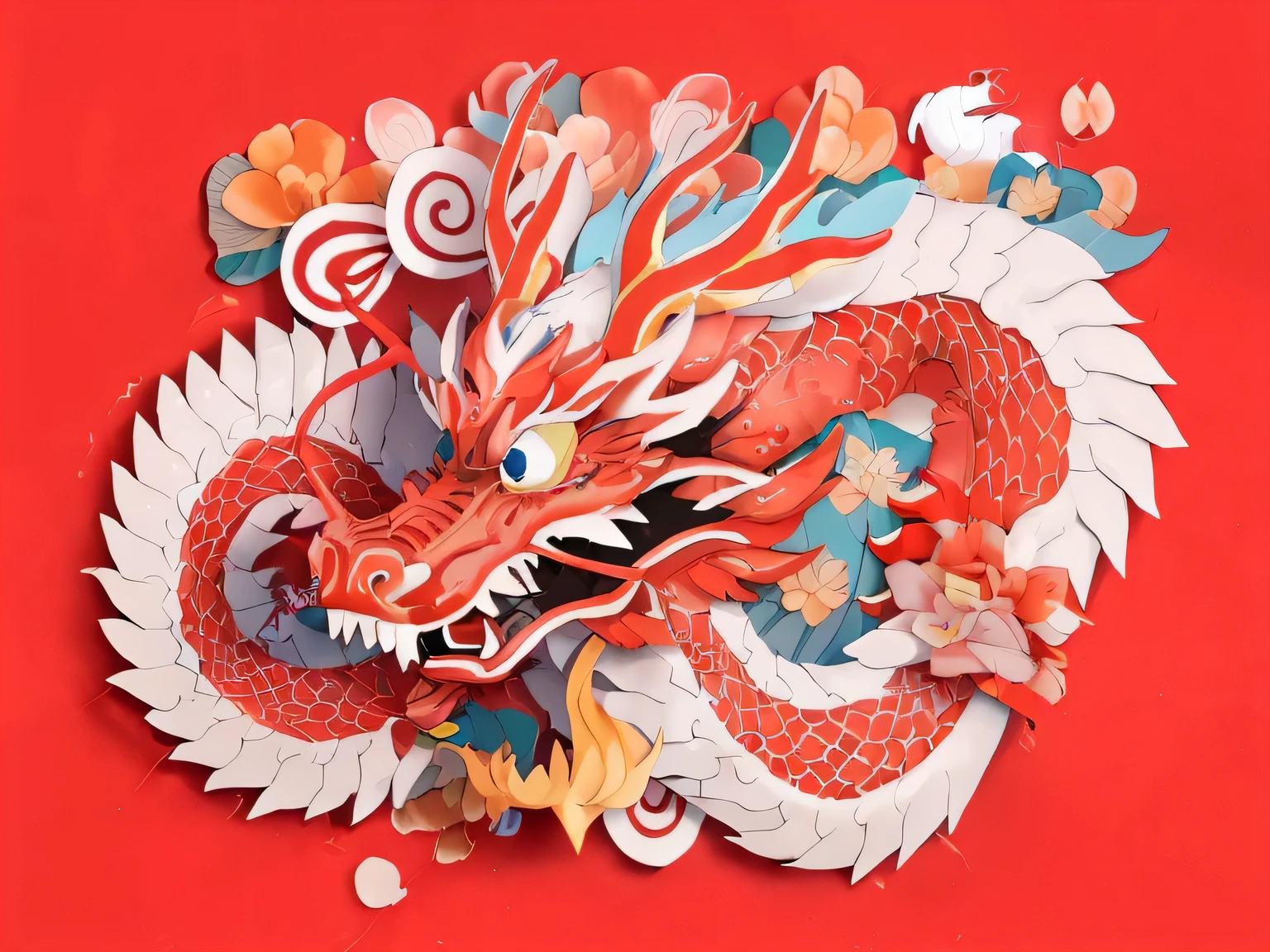Close-up of paper-cut dragon with flowers and leaves, Chinese dragon, 中國絲綢3Ddragon, Chinese dragon concept art, dragon設計語言, smooth Chinese dragon, a 红dragon, majestic japanese dragon, 红dragon, dragon, dragon藝術, Chinese style, Very detailed illustrations, paper art, High detail illustration, Highly detailed digital art, 1 stop
