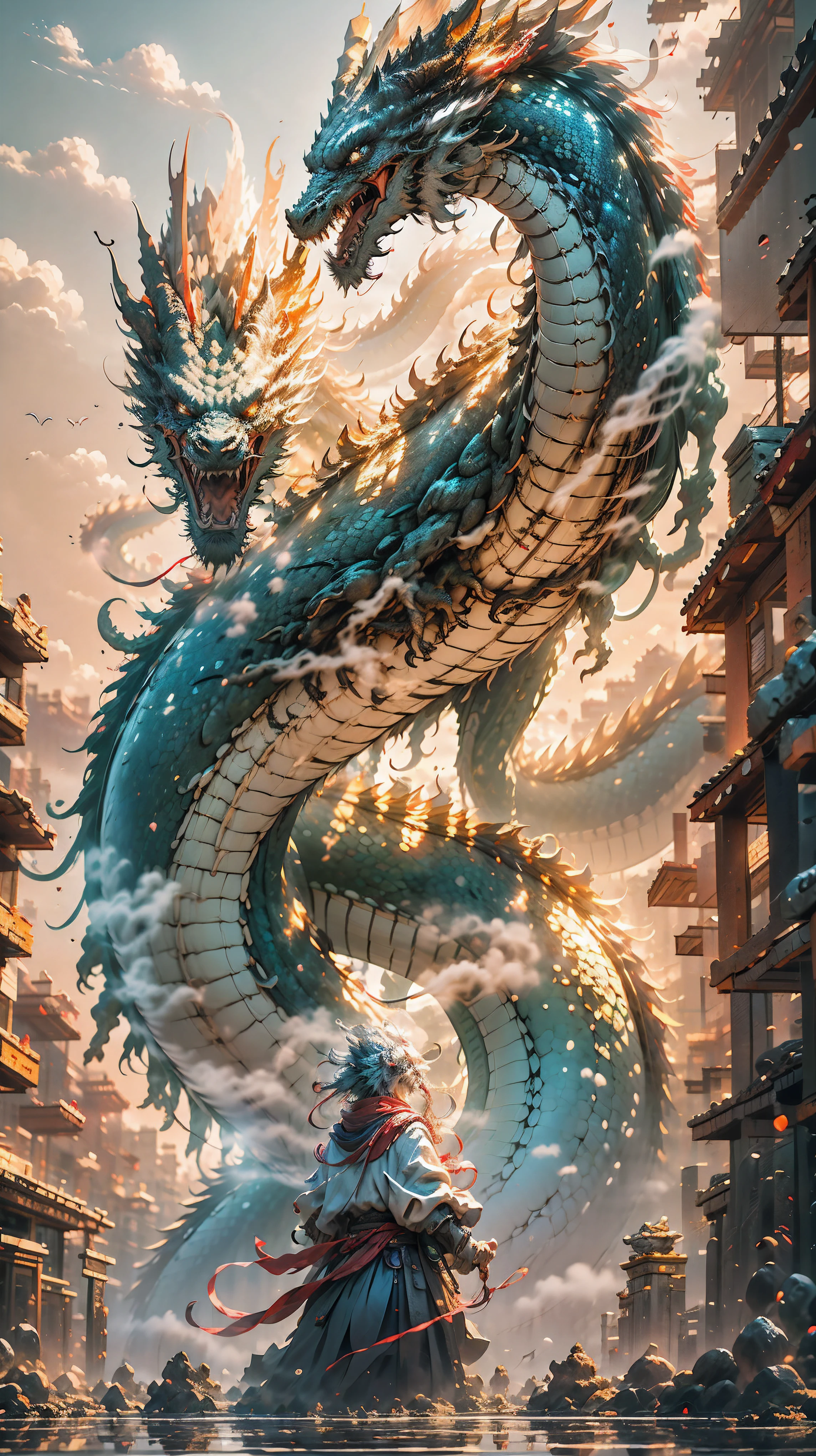 The blue and red chinese dragon,(sasuke(boy) manipulates dragons:1.3),(The sasukel has her back to the camera:1.3),Sky clouds surround the surroundings,Light magic,Fantastic background,Meaning background,Ridiculous background,There are artistic overlays,multicolored hair, surrealism, Cinematic lighting, Ray tracing, god light, speed-line, angle of view, hyper HD, Masterpiece, Best quality, Super detail, A high resolution, High quality,(Far view:1.3)