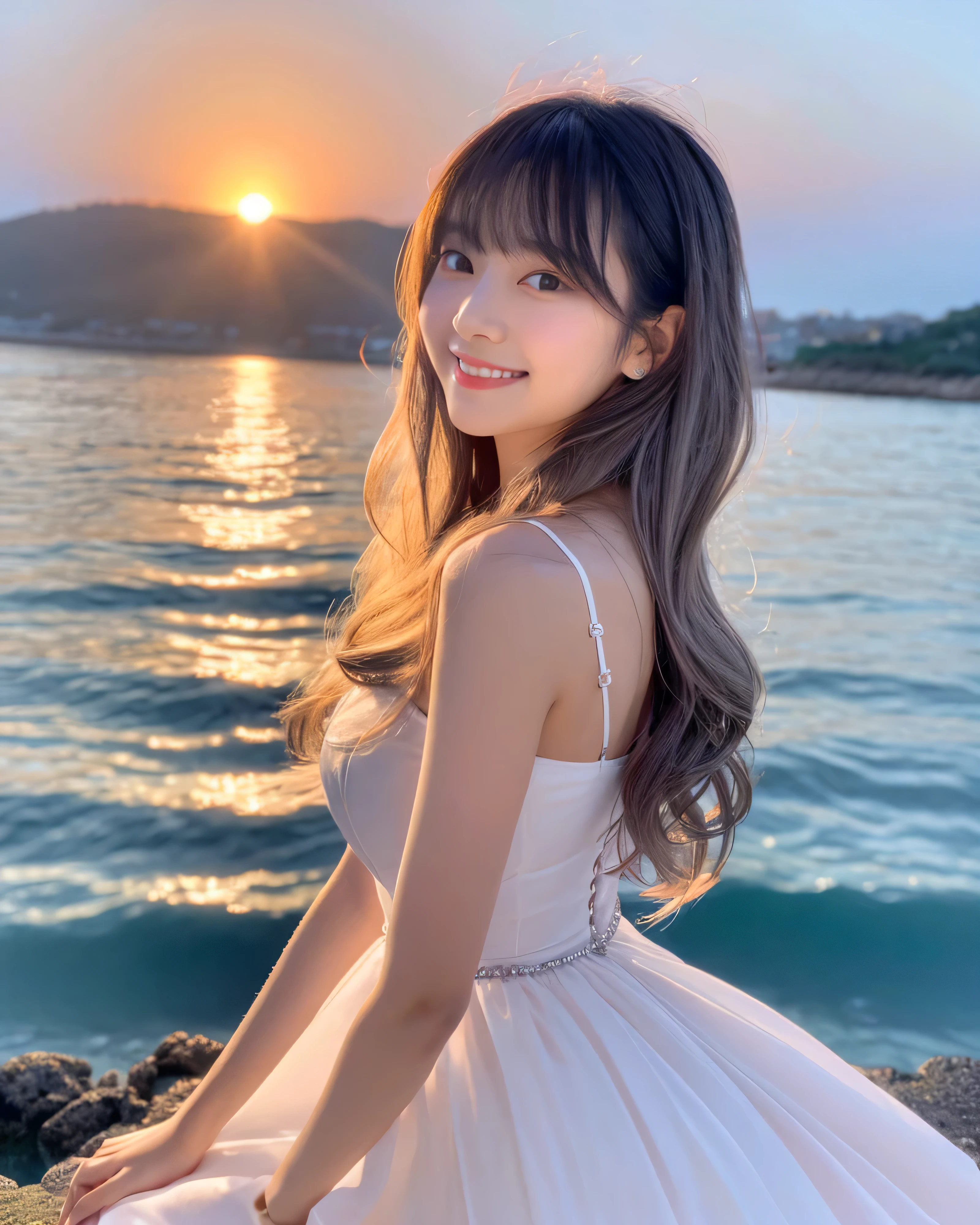 beautiful japanese girl, 17 years old, complex colored silver hair, long wavy hair, asymmetrical bangs, magic big eyes, Finely moisturized eyes, Smile, smooth soft skin, pale pink lips, Seaside at sunset, sea reflected in the sunset, Beautiful transparent sea, Ankle-deep in the sea, White Princess Dresses, raise the hem of the skirt, beautiful high resolution breasts, professional lighting, professional photographer
