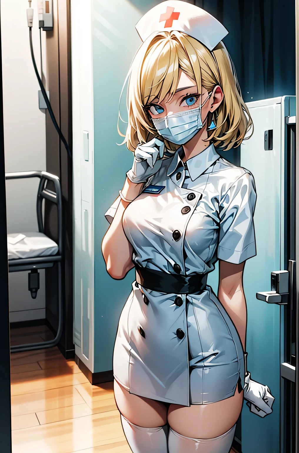 1 female, alone, nurse, nurse cap, white clothes, ((white legwear, zettai ryouiki)), white gloves, blonde hair, blue eyes, ((white surgical mask, covered nose)), Are standing, ((hospital room)), sharp outline, short sleeve, mature woman, 35 years old, highest quality, masterpiece