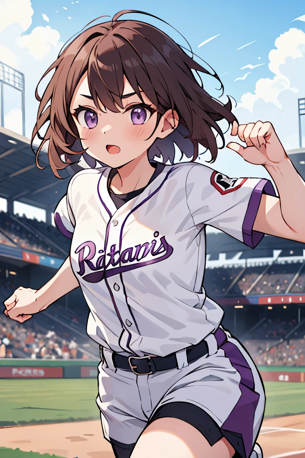 1 girl , short brown hair ,light purple eyes, running,white baseball shirt , Ranking baseball stadiums, Powerful running,8K texture , super resolution , looking at the viewer
