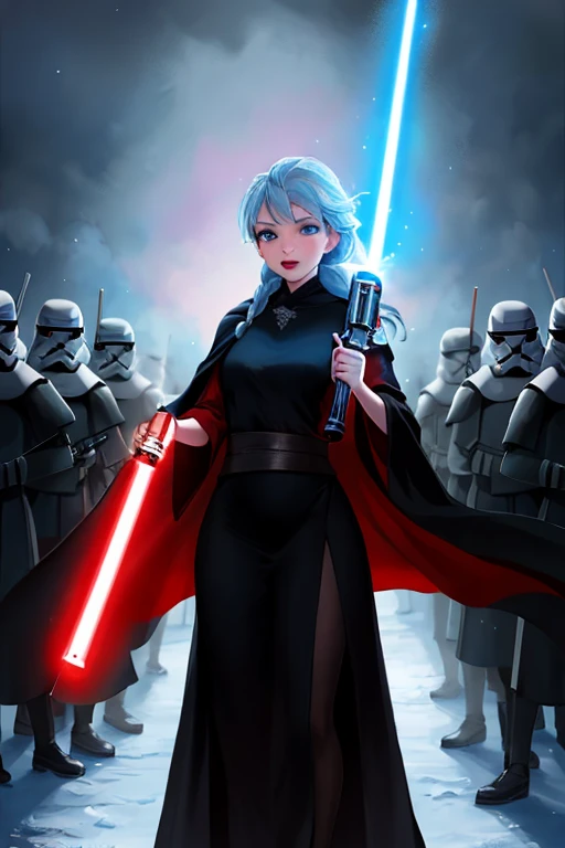 Disney princess from Frozen dressed in a black Sith robe and holding a red Star Wars-style lightsaber in her hands, with the clone army in the background