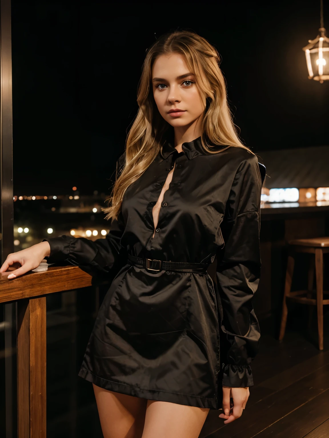 sharp raw photo {young woman, 25 year, full height, Slavic girl, blonde, medium length hair, brown eyes}, dark lace dress, fully covered, hyperrealism, 8k HD, restaurantб room , dramatic at night, realistic skin texture, shot on Iphone 15 flash light on phone , wide angle lens, very detailed, masterpiece