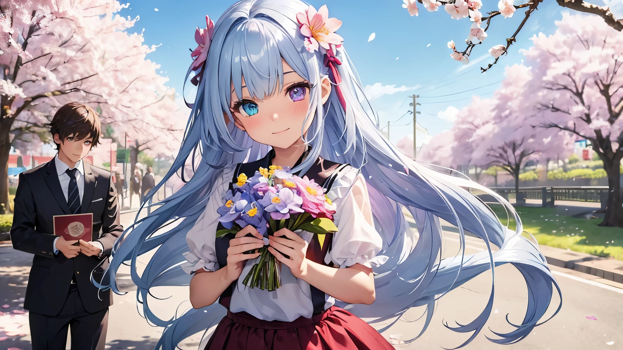 Best quality、photorealistic、super detail、delicate、orderly、high detail、bluish silver ponytail、(droopy iris of heterochromia,glowing eyes:1.4)、、10 years old、big smile、slender、full body、blurred background、(1 girl:1.2)、dynamic angle、game CG、(Spring day when cherry blossoms bloomed、Girl in school uniform、corsage on the chest、girl with a certificate tube、girl with a bouquet of flowers:1.3),ambient occlusion、ambient light、raytracing reflections、glow、shining hair、