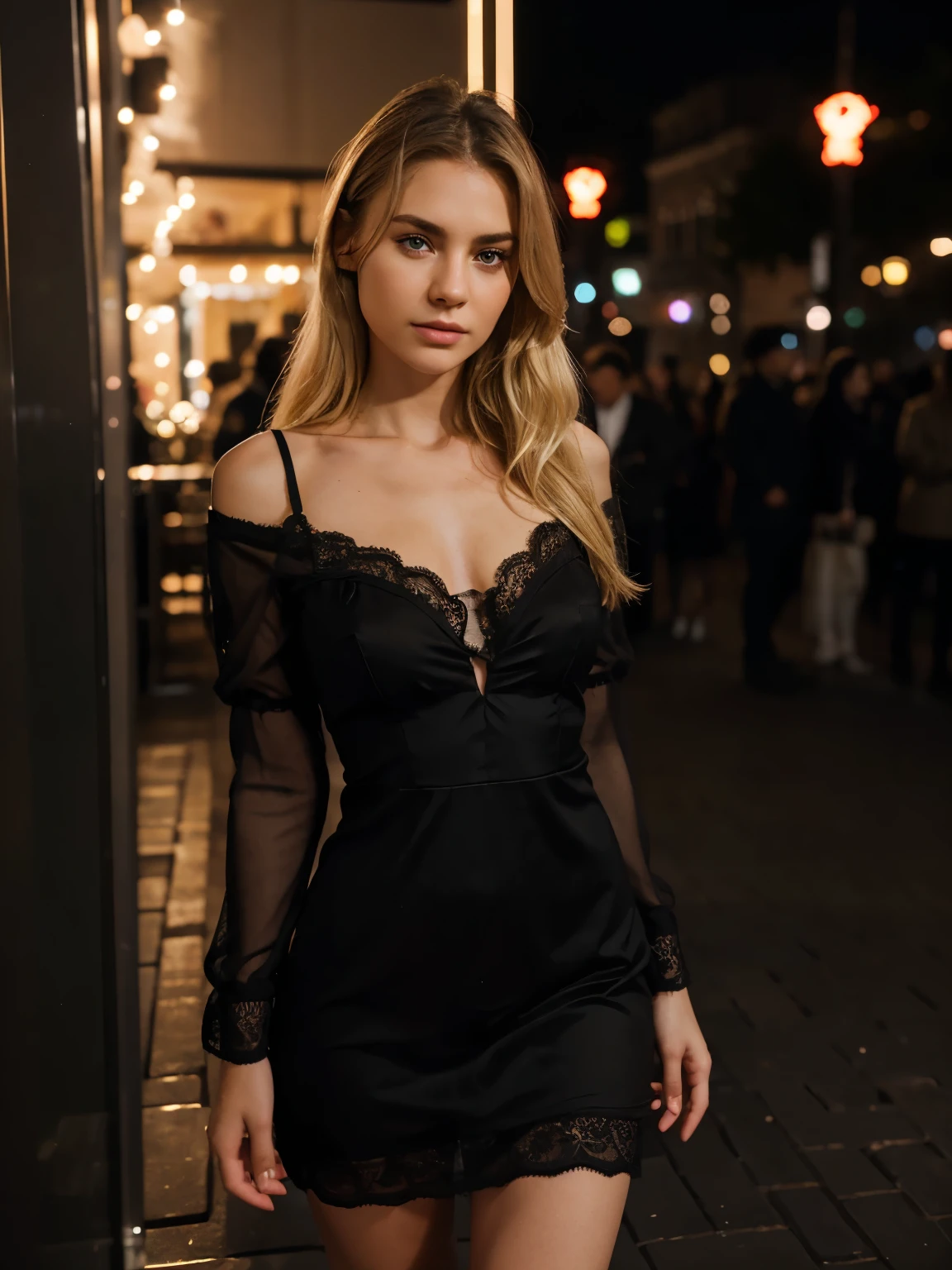 sharp raw photo {young woman, 25 year, full height, Slavic girl, blonde, medium length hair, brown eyes}, dark lace dress, fully covered, hyperrealism, 8k HD, restaurantб room , dramatic at night, realistic skin texture, shot on Iphone 15 flash light on phone , wide angle lens, very detailed, masterpiece