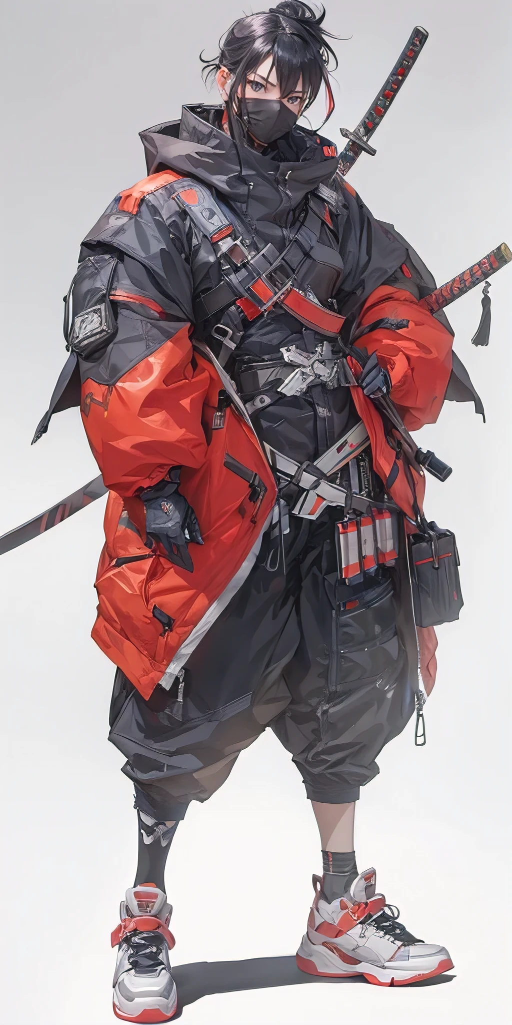 A girl in a character concept art with a mixed Japan Ronin outfit and modern techwear aesthetic. (best quality, 4k, 8k, highres, masterpiece:1.2), ultra-detailed, (realistic, photorealistic, photo-realistic:1.37), Japanese Ronin clothing, futuristic techwear, detailed facial features, dynamic poses, intense expression, katana, cyberpunk background, neon lights, moody atmosphere, Riot Games art style, vibrant colors, stylized rendering, intricate details, professional artwork, traditional elements, modern twist.