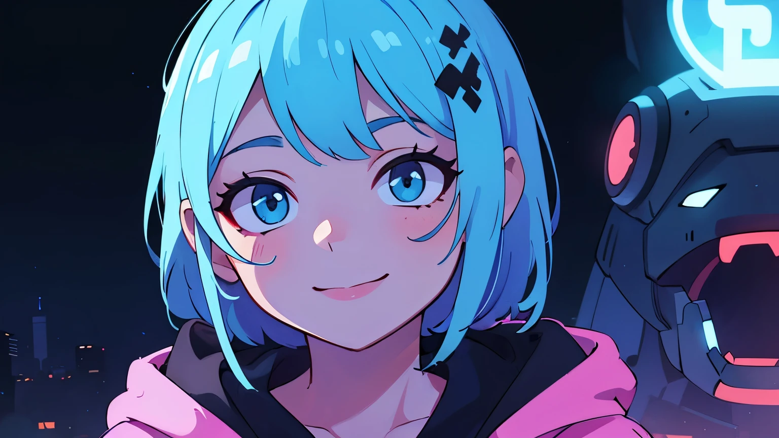 ((best quality)), ((masterpiece)), (detailed), perfect face, detailed background, masterpiece, best quality, smile, ornament, hoodie, portrait, blue neon, graffiti, dark, night, glowing eyes, blacklight
