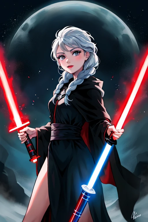 Disney princess from Frozen dressed in a black Sith robe and holding a red Star Wars-style lightsaber in her hands, with the clone army in the background