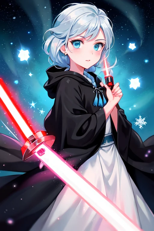 Disney princess from Frozen dressed in a black Sith robe and holding a red Star Wars-style lightsaber in her hands, with the clone army in the background