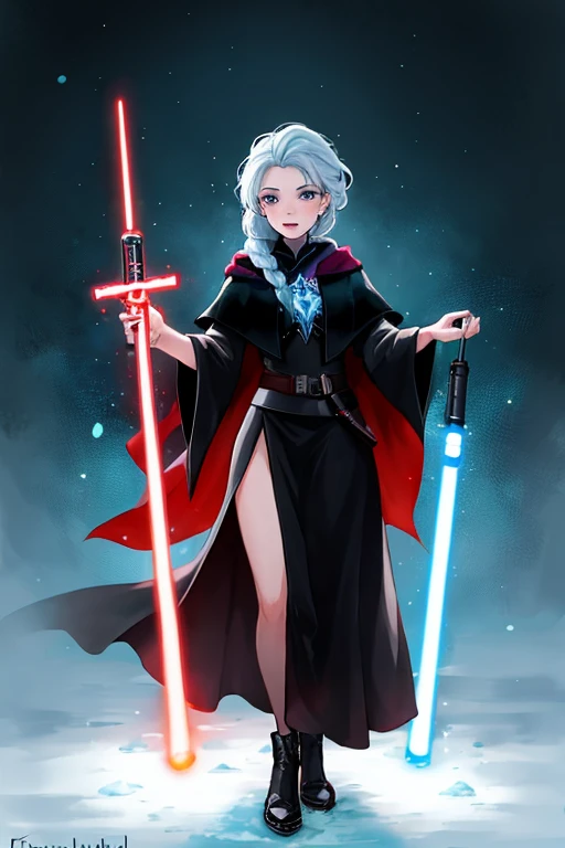 Disney princess from Frozen dressed in a black Sith robe and holding a red Star Wars-style lightsaber in her hands, with the clone army in the background