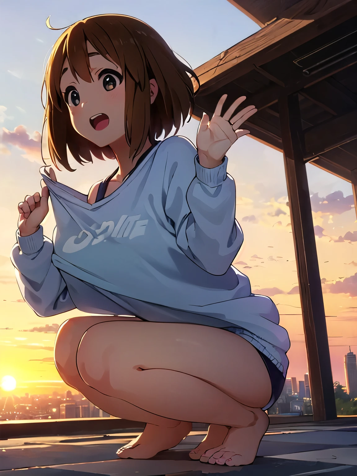 1girl, (((​masterpiece))), top-quality, top-quality, High Details, Hirasawa Yui, 1girl, two yellow hairpin, short hair, A brown-haired, brown-eyed, 独奏, Beach clothes, underwear, bikini, full body, full image, rainy weather, illustratio, comic strip, soothing tones, Subdued Color, Soft cinematic light, adobe lightroom, photolab, HDR, intricately and hyper-detailed、(((depth of fields))))。(((​masterpiece)))。(((top-quality))).)((ultra-detailliert)))。(((illustratio)))。(((takeout))).dynamic focus.big breasts.(((Skyscrapers))).(((A city scape))).(((Face of happiness))). open mouth.(((put hands on the hip))).(((up chest))).((afternoon glow)).((the setting sun)).