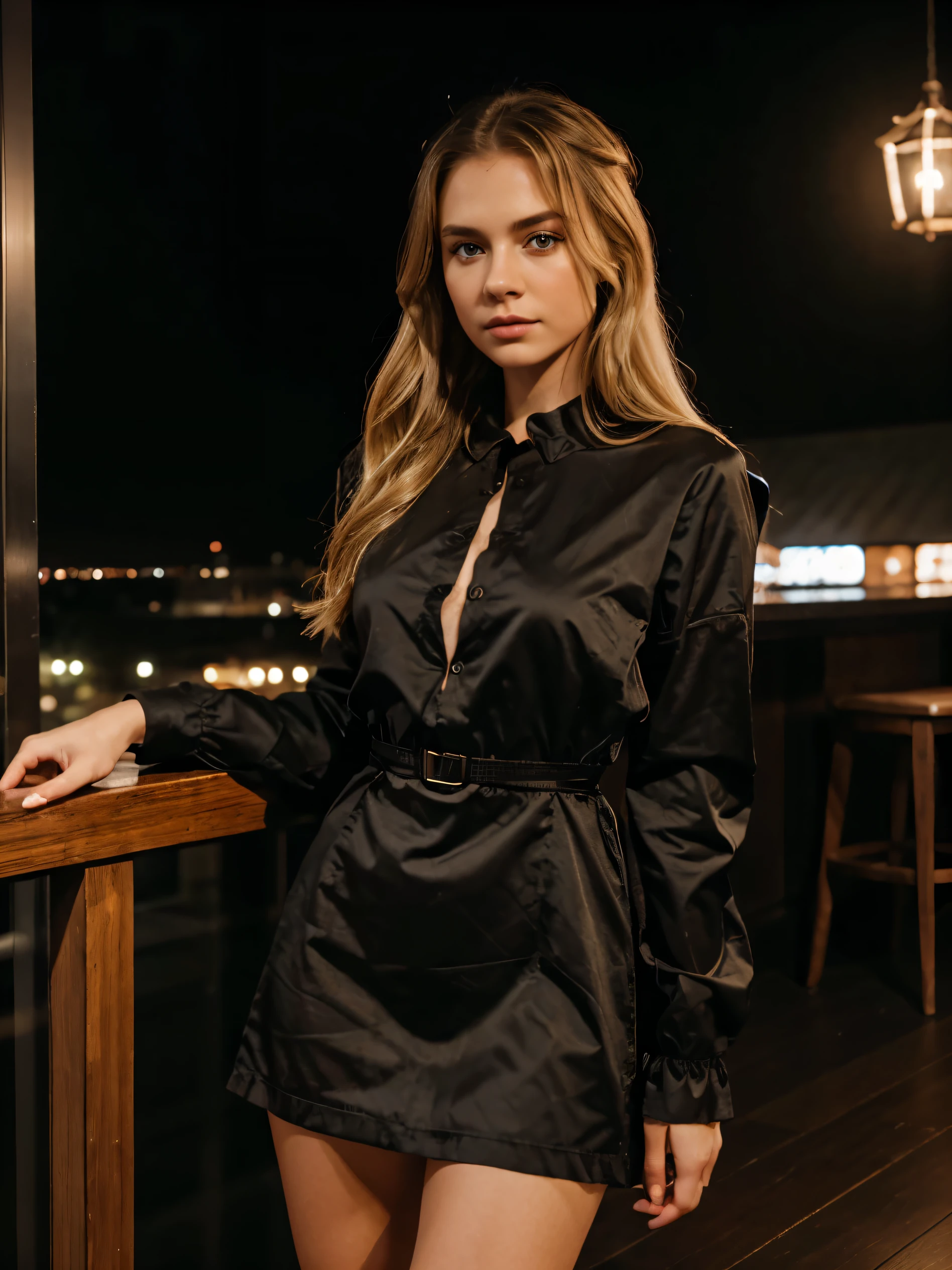 sharp raw photo {Young woman, 25 years, full height, Slavic girl, blonde, medium length hair, Brown eyes}, dark lace dress, completely covered, hyperrealism, 8К HD, restaurant hall , Dramatic at night, realistic skin texture, Shot on iPhone 15, flash on phone , wide angle lens, very detailed, Masterpiece 