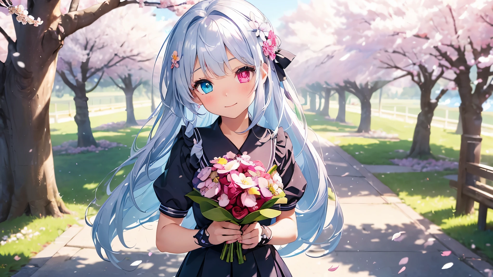 Best quality、photorealistic、super detail、delicate、orderly、high detail、bluish silver ponytail、(droopy iris of heterochromia,glowing eyes:1.4)、、、big smile、slender、full body、blurred background、(1 girl:1.2)、dynamic angle、game CG、(Spring day when cherry blossoms bloomed、Girl in school uniform、corsage on the chest、girl with a certificate tube、girl with a bouquet of flowers:1.3),ambient occlusion、ambient light、raytracing reflections、glow、shining hair、